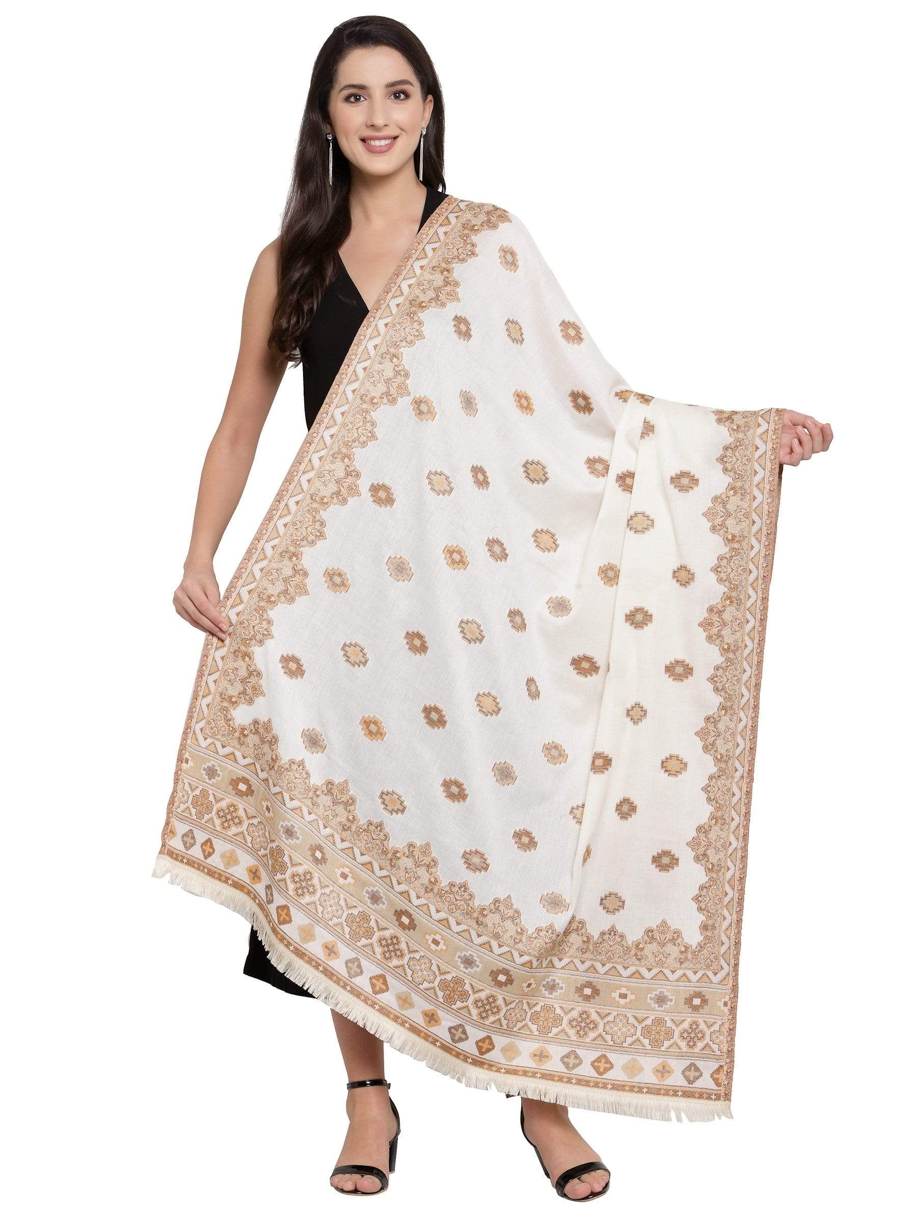 Pashtush India 100x200 Pashtush Womens Kullu Jamawar Shawl, Faux Pashmina, Woven Jacquard Design with Kullu Weaving Design, Soft and Warm Faux Pashmina white