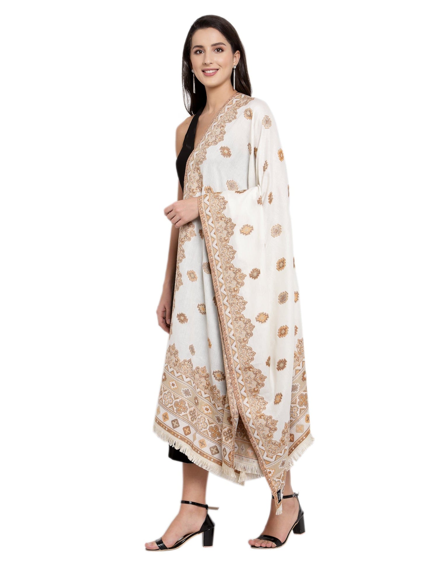 Pashtush India 100x200 Pashtush Womens Kullu Jamawar Shawl, Faux Pashmina, Woven Jacquard Design with Kullu Weaving Design, Soft and Warm Faux Pashmina white
