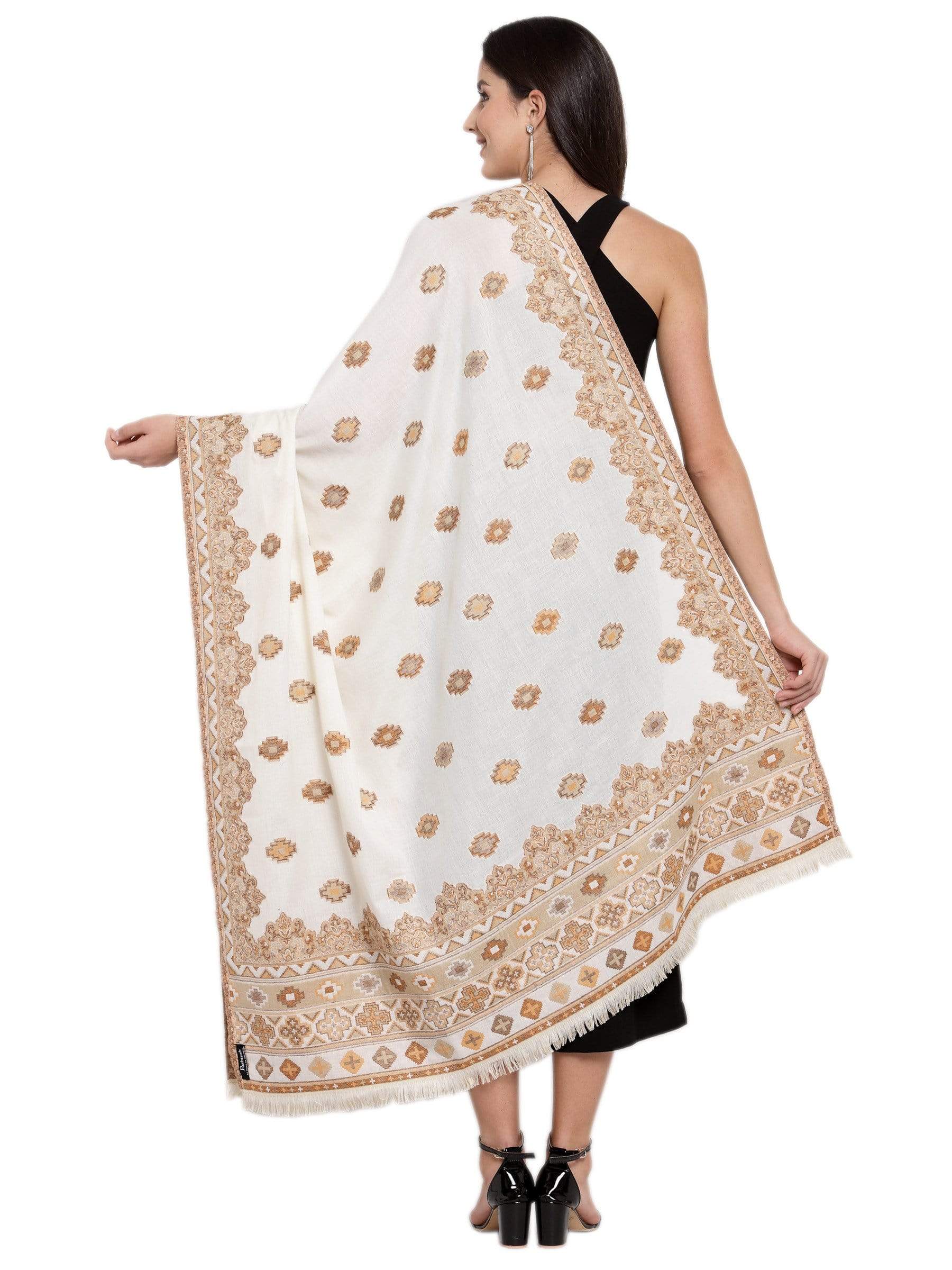 Pashtush India 100x200 Pashtush Womens Kullu Jamawar Shawl, Faux Pashmina, Woven Jacquard Design with Kullu Weaving Design, Soft and Warm Faux Pashmina white