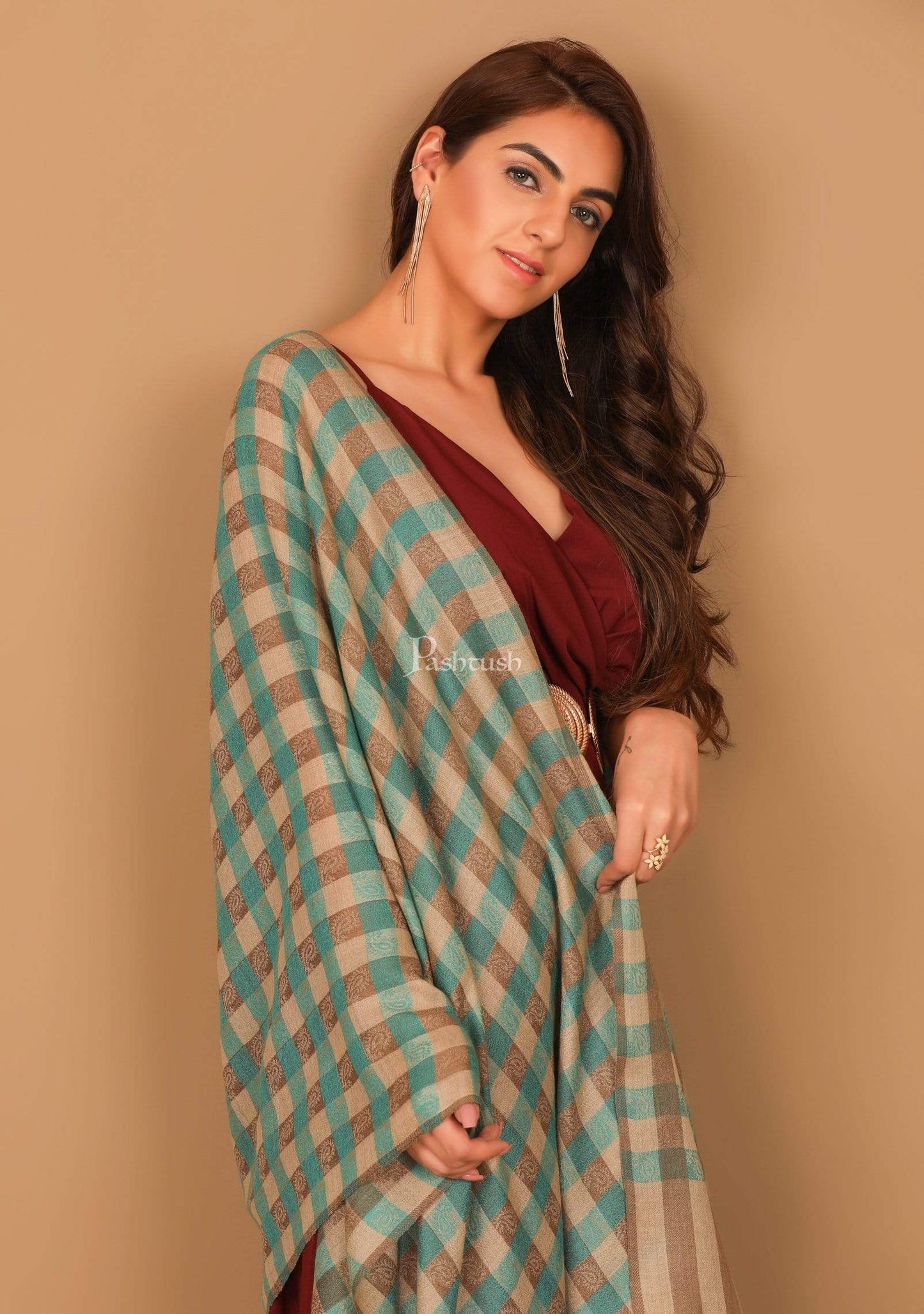 Pashtush India Stole Pashtush Womens Luxury Wool Check Scarf,  Reversible, Extra-Fine, Arabic Blue and Beige
