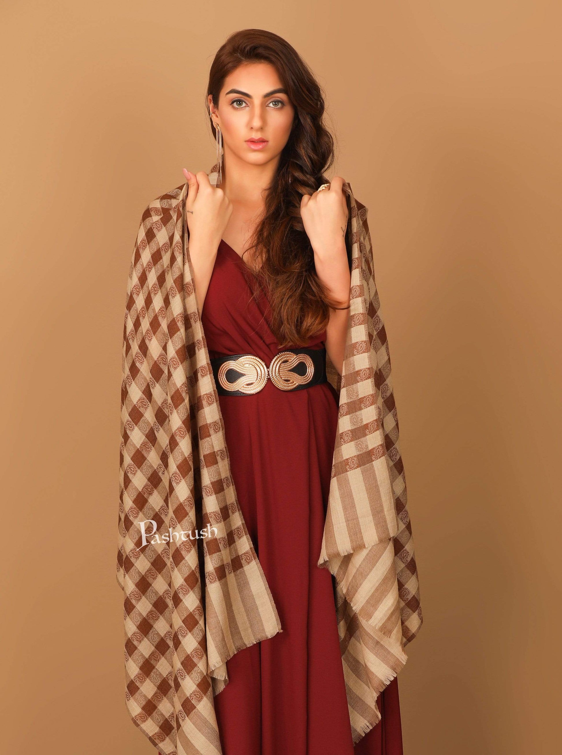 Pashtush India 70x200 Pashtush Womens Luxury Wool Check Scarf,  Reversible, Extra-Fine, Mocha Brown