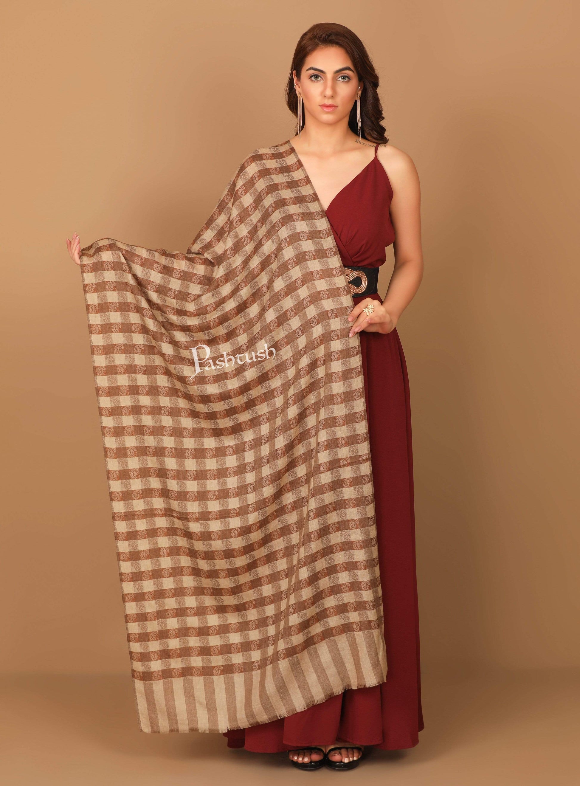 Pashtush India 70x200 Pashtush Womens Luxury Wool Check Scarf,  Reversible, Extra-Fine, Mocha Brown