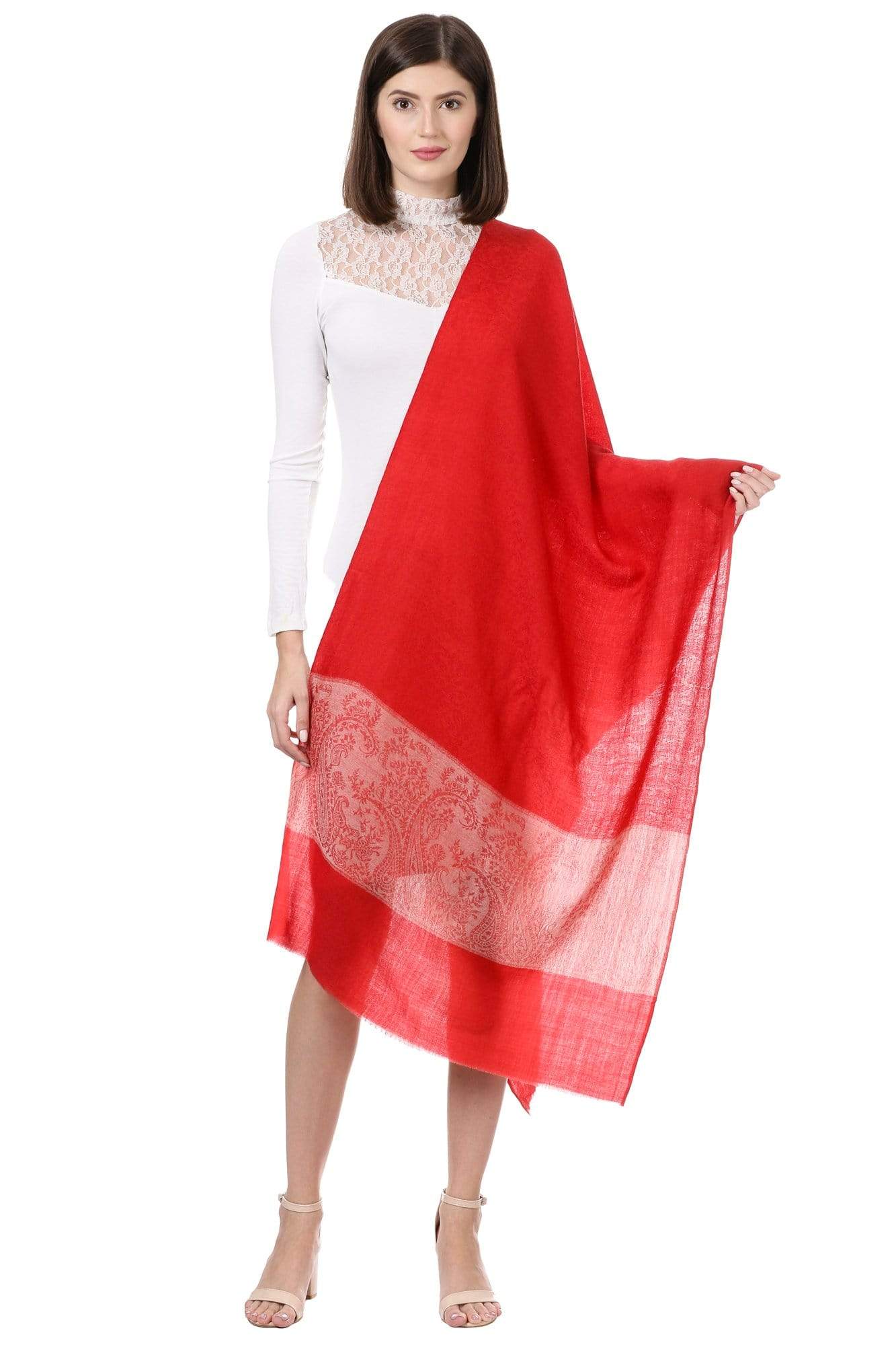 Pashtush India Stole Pashtush Womens Luxury Wool Scarf, Fine Wool Stole, Scarlet Paisley