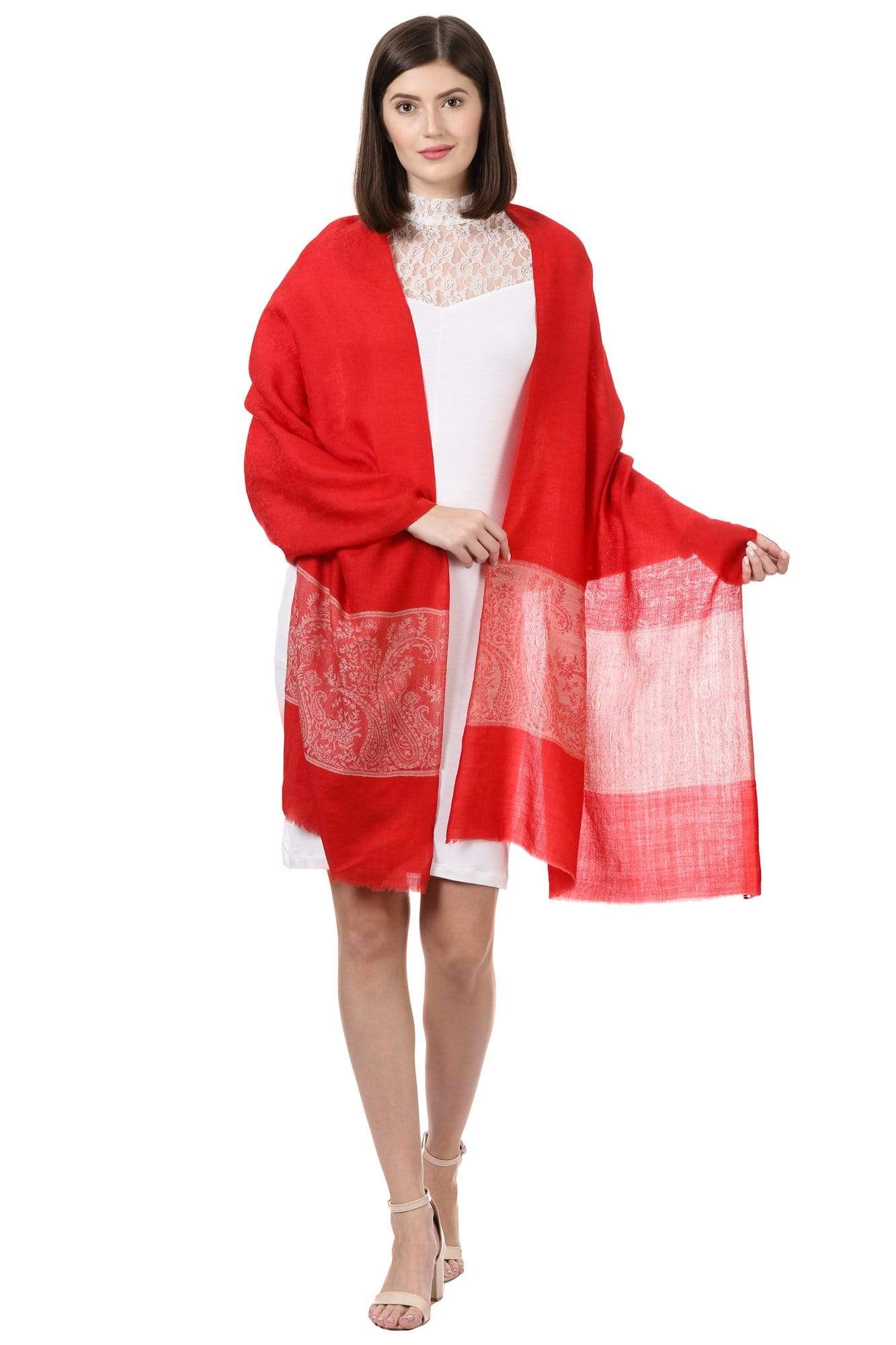Pashtush India Stole Pashtush Womens Luxury Wool Scarf, Fine Wool Stole, Scarlet Paisley