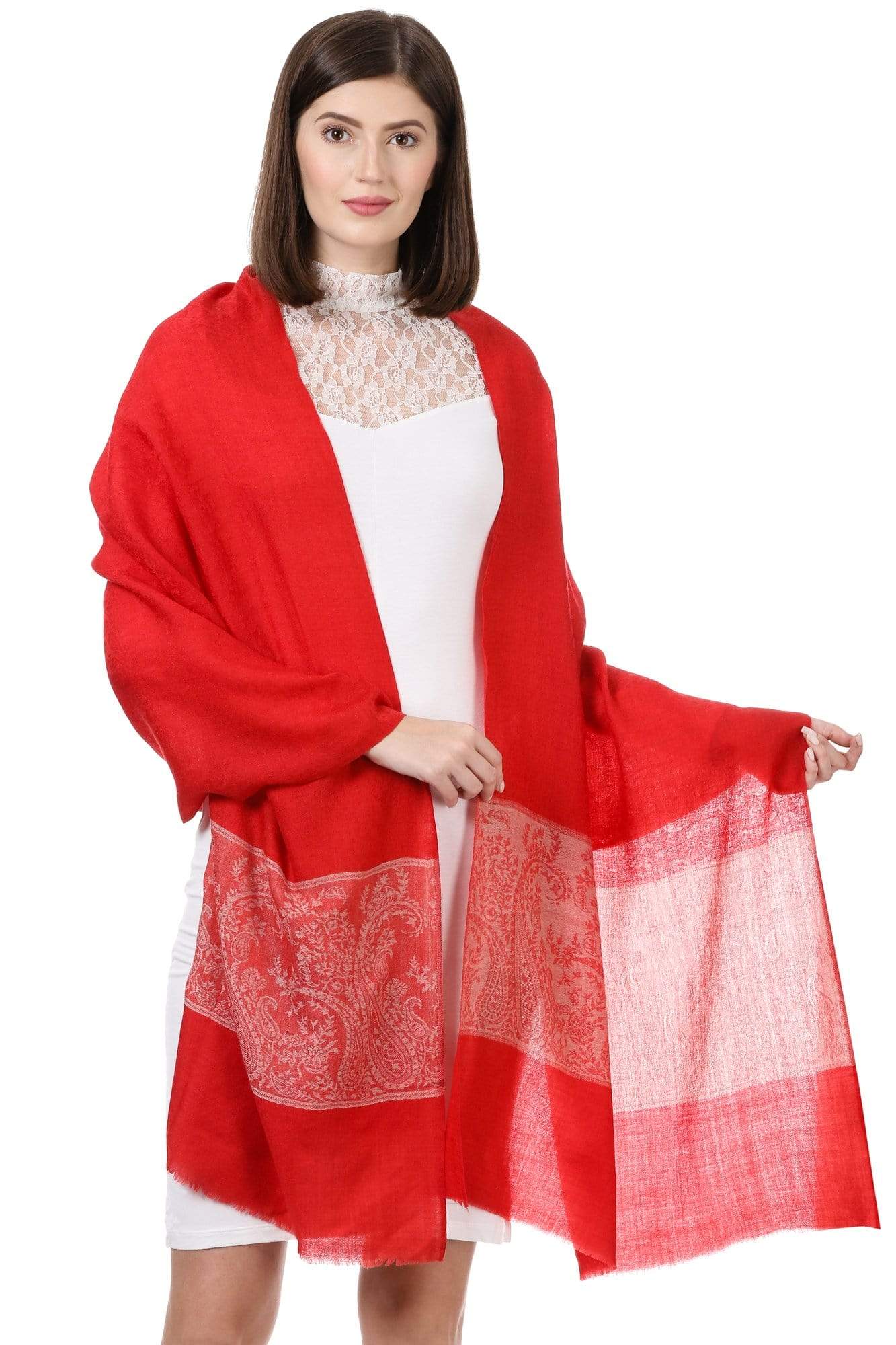 Pashtush India Stole Pashtush Womens Luxury Wool Scarf, Fine Wool Stole, Scarlet Paisley