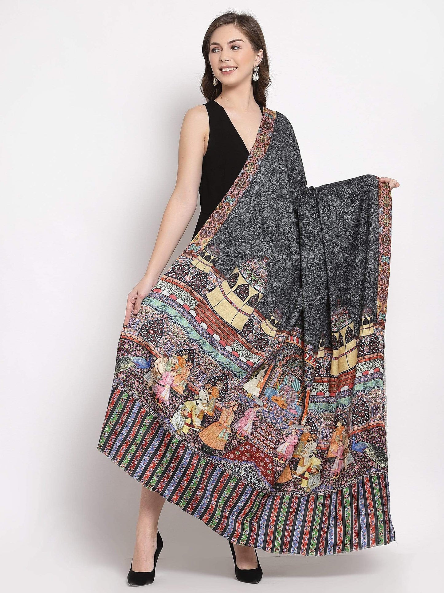 Pashtush India 114x228 Pashtush Womens Mughal Darbar Printed Shawl, 100% Pure Wool, Woolmark Certified