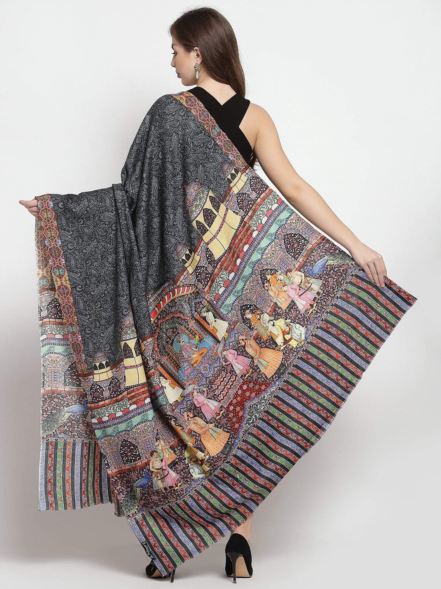 Pashtush India 114x228 Pashtush Womens Mughal Darbar Printed Shawl, 100% Pure Wool, Woolmark Certified