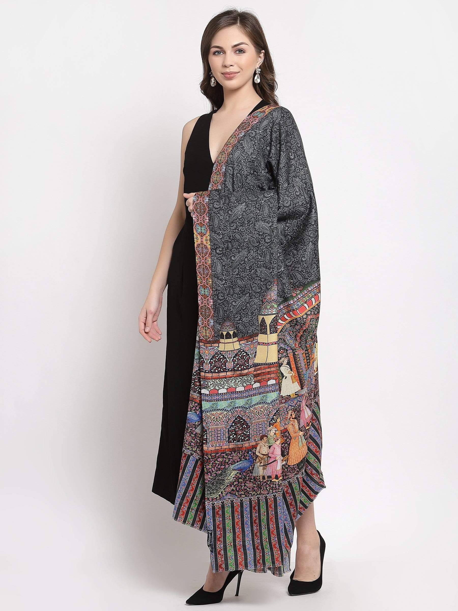 Pashtush India 114x228 Pashtush Womens Mughal Darbar Printed Shawl, 100% Pure Wool, Woolmark Certified