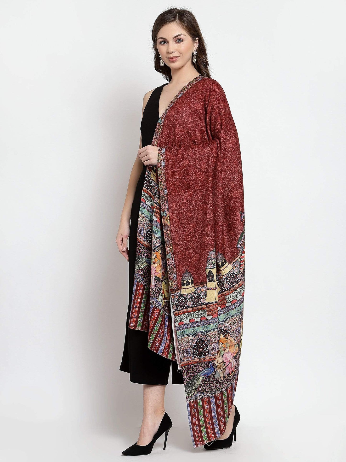 Pashtush India 114x228 Pashtush Womens Mughal Darbar Printed Shawl, 100% Pure Wool, Woolmark Certified, Crimson