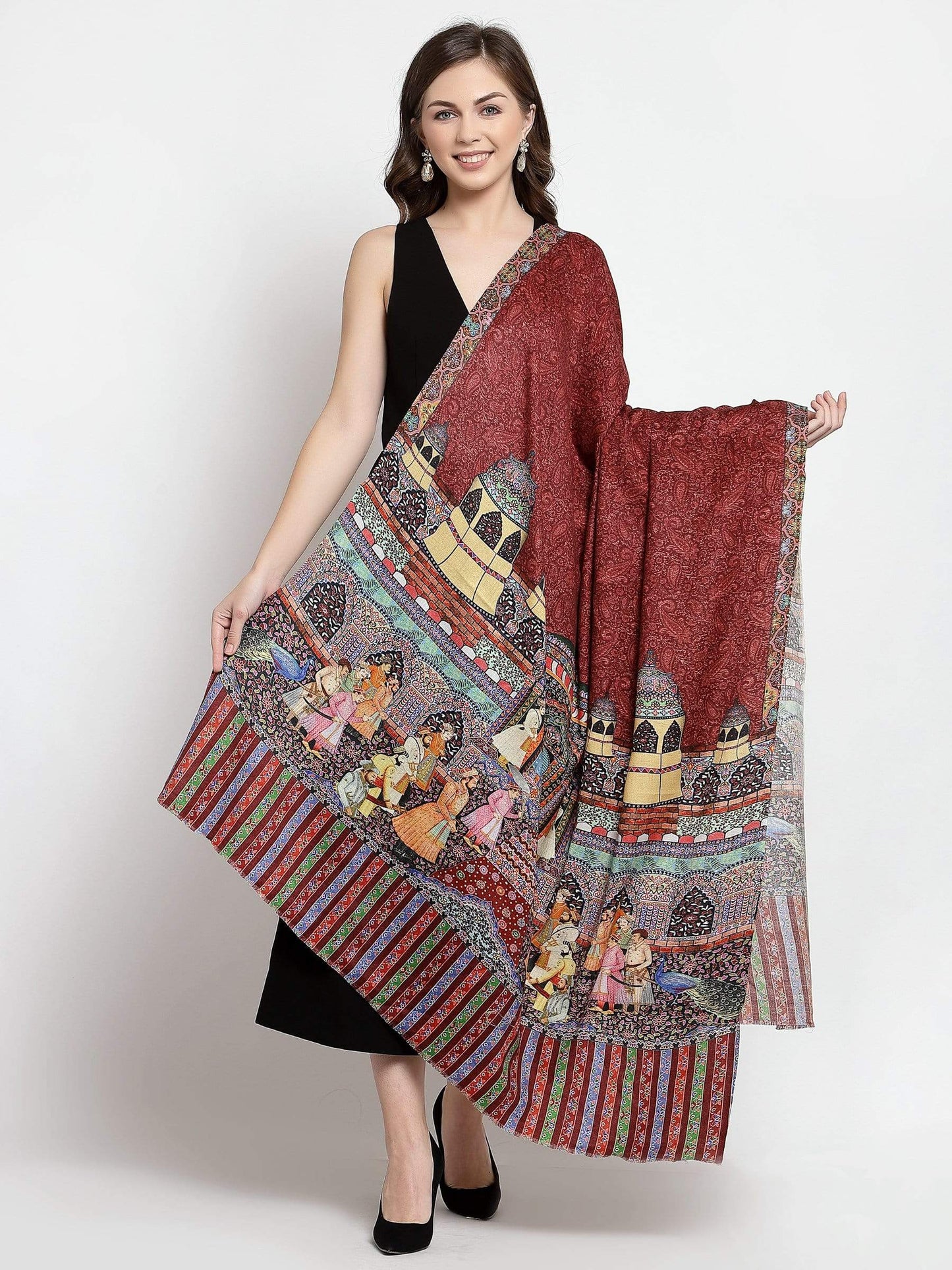 Pashtush India 114x228 Pashtush Womens Mughal Darbar Printed Shawl, 100% Pure Wool, Woolmark Certified, Crimson