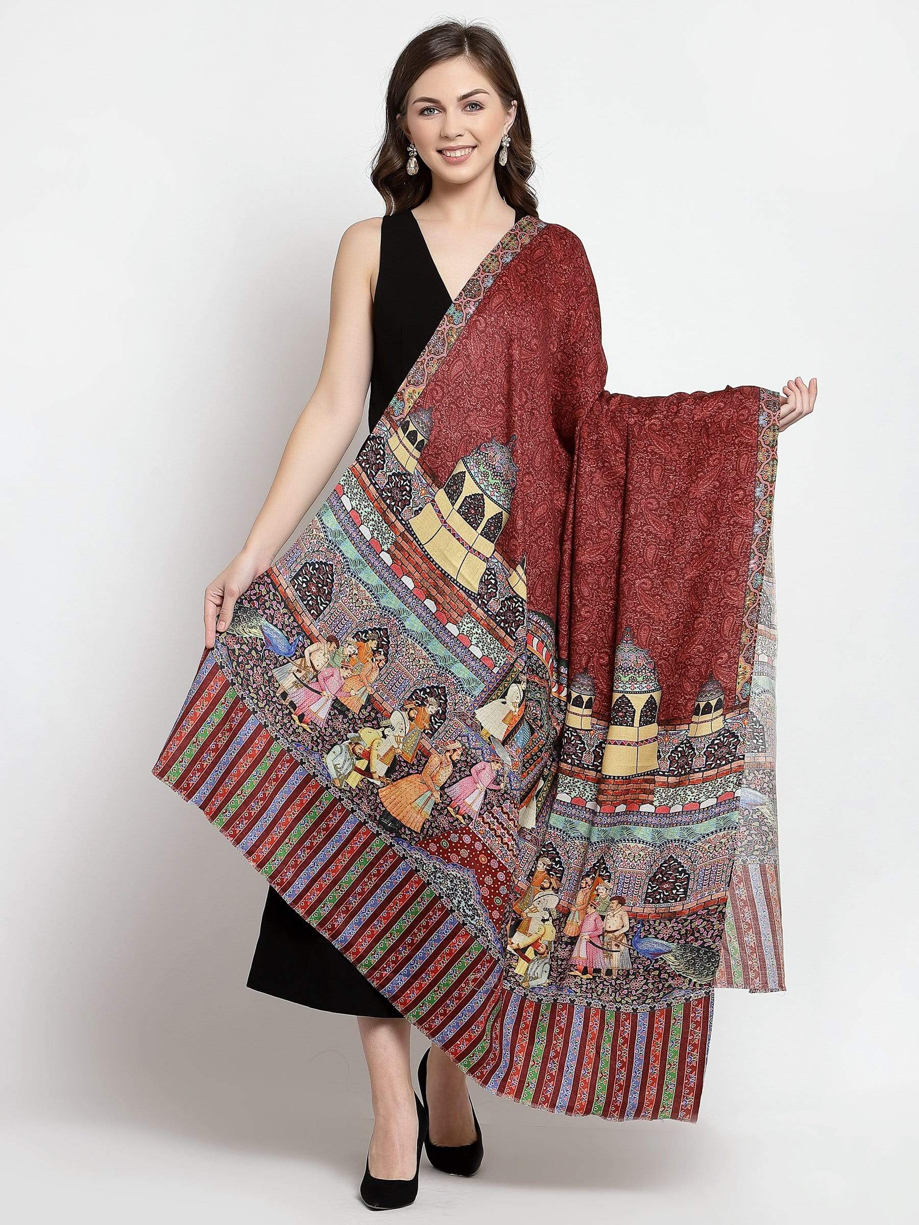 Pashtush India 114x228 Pashtush Womens Mughal Darbar Printed Shawl, 100% Pure Wool, Woolmark Certified, Crimson