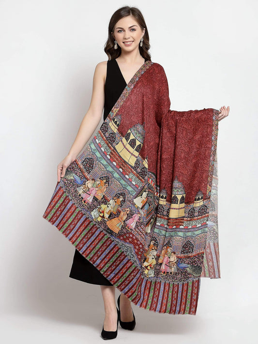 Pashtush India 114x228 Pashtush Womens Mughal Darbar Printed Shawl, 100% Pure Wool, Woolmark Certified, Crimson