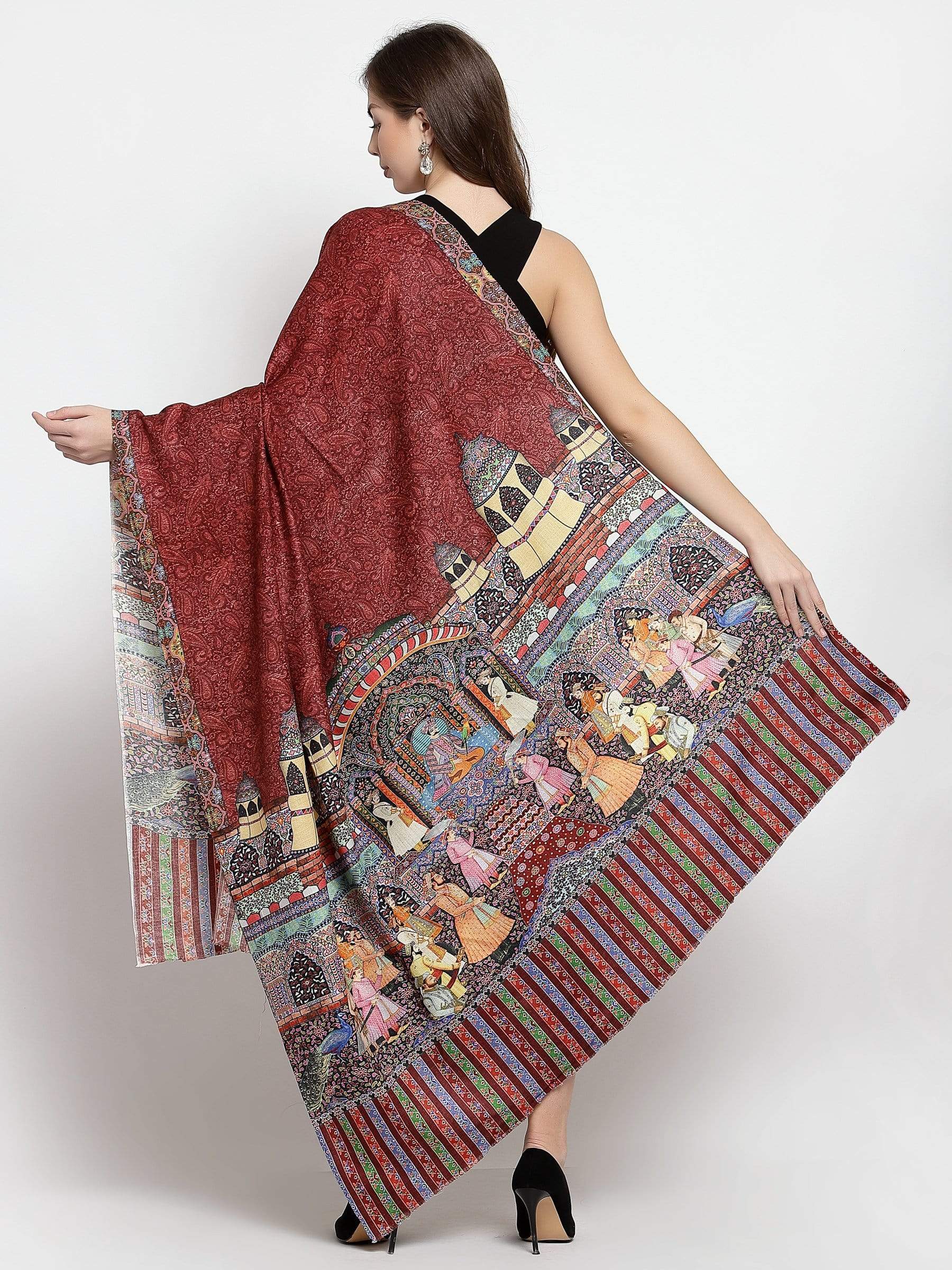 Pashtush India 114x228 Pashtush Womens Mughal Darbar Printed Shawl, 100% Pure Wool, Woolmark Certified, Crimson