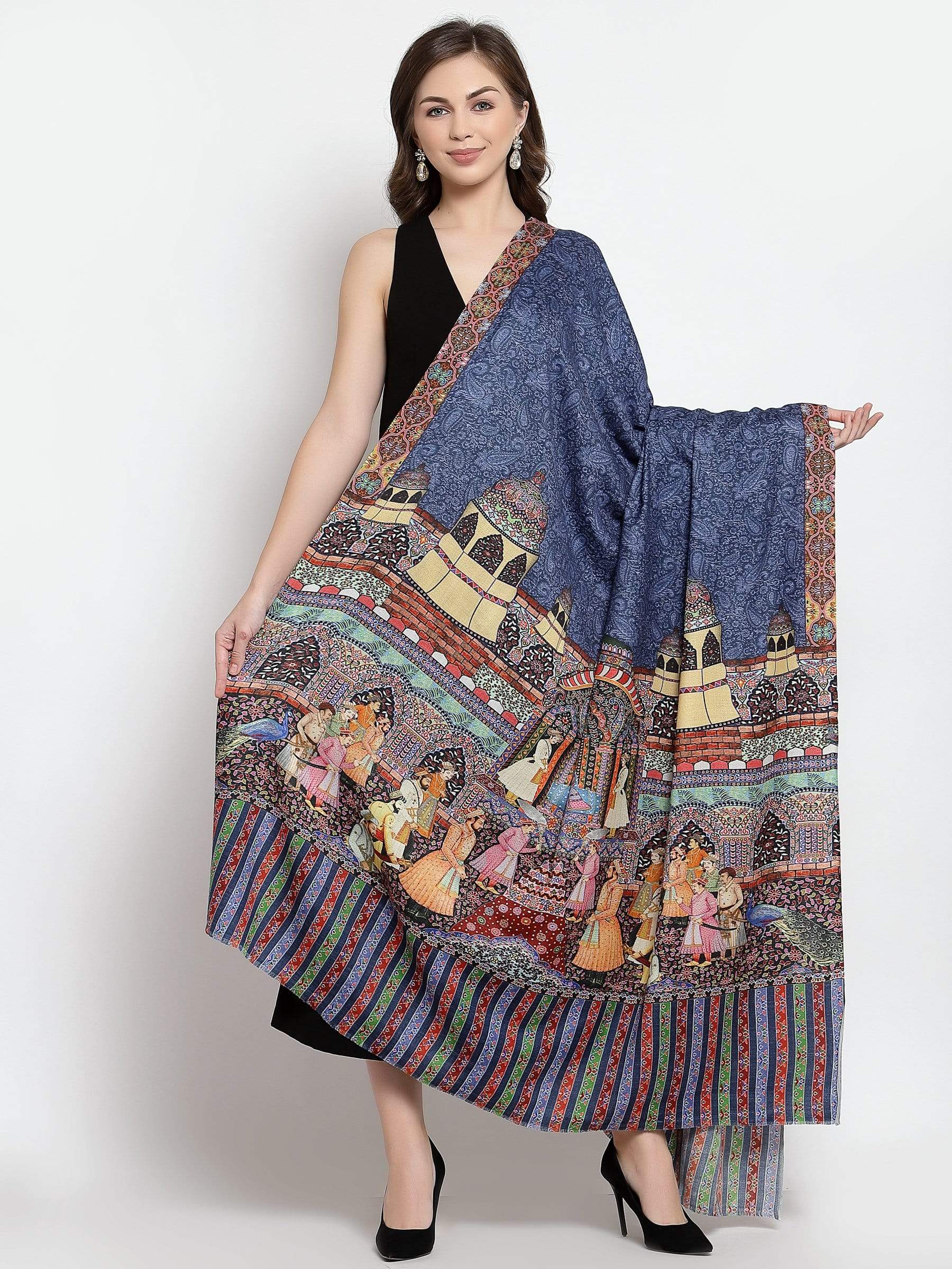Pashtush India 114x228 Pashtush Womens Mughal Darbar Printed Shawl, 100% Pure, Woolmark Certified, Lapis Blue