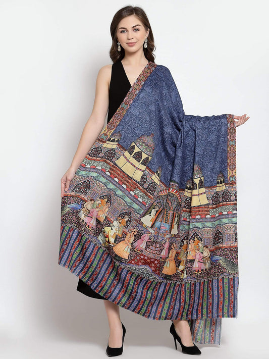 Pashtush India 114x228 Pashtush Womens Mughal Darbar Printed Shawl, 100% Pure, Woolmark Certified, Lapis Blue