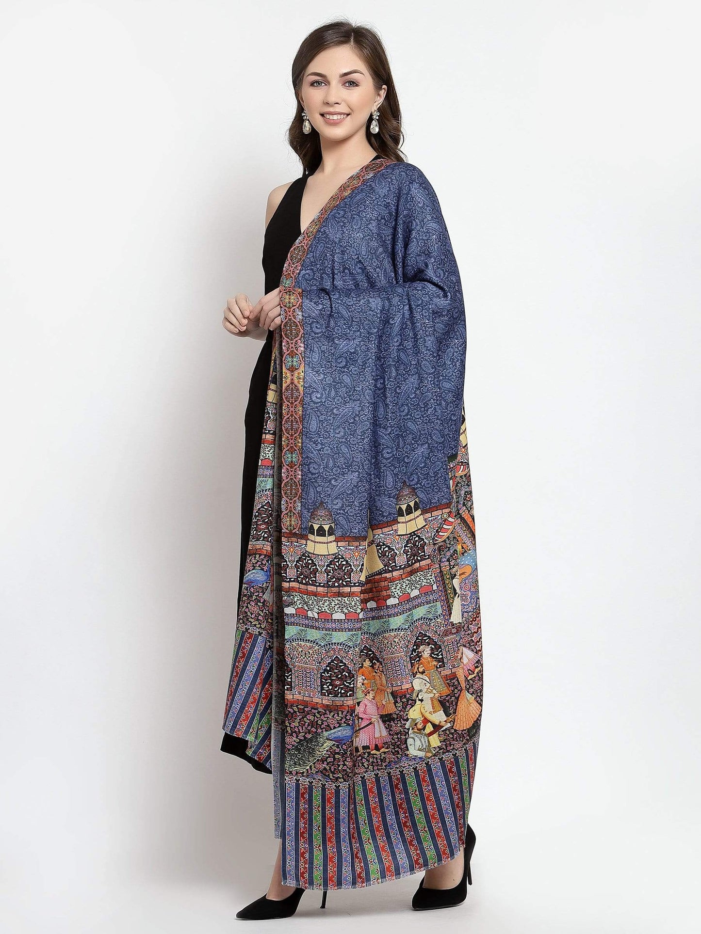 Pashtush India 114x228 Pashtush Womens Mughal Darbar Printed Shawl, 100% Pure, Woolmark Certified, Lapis Blue