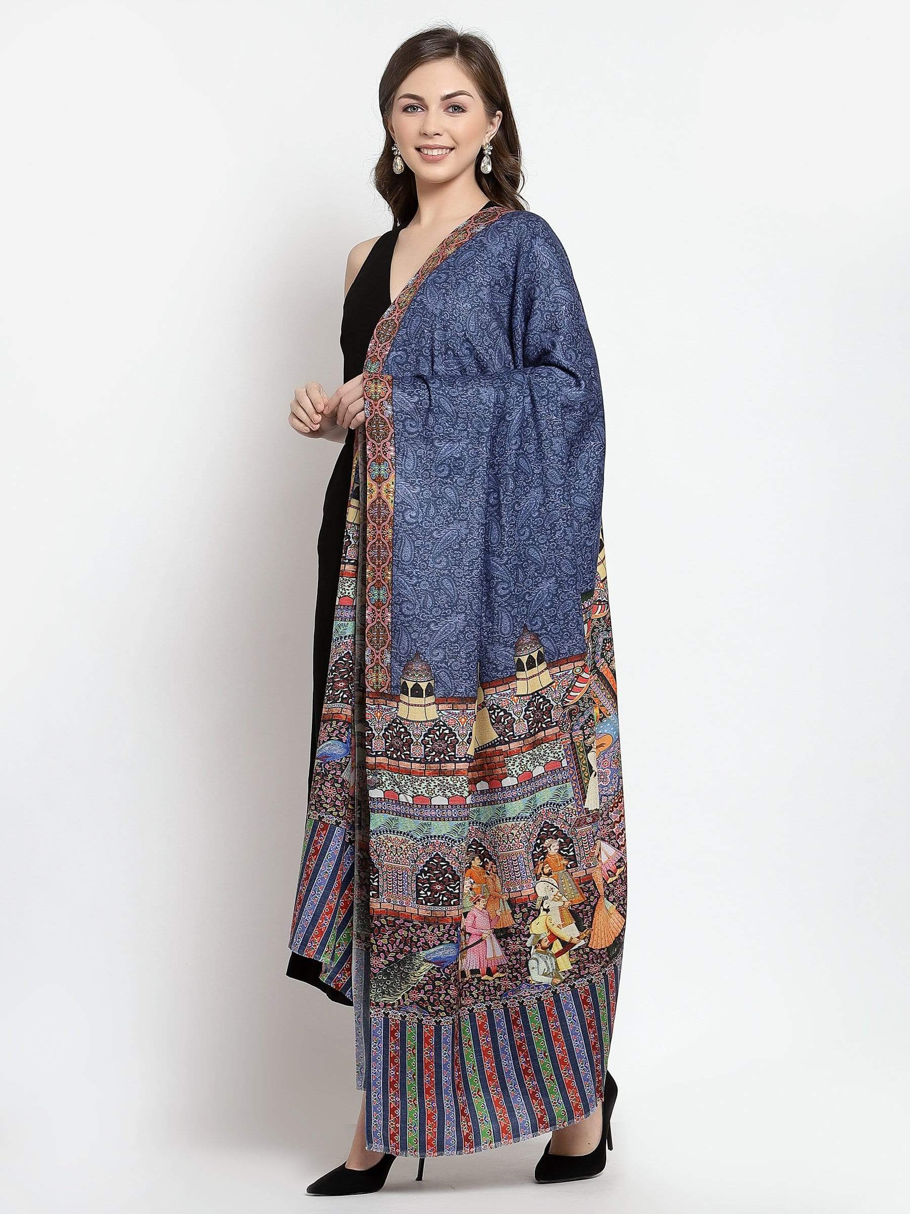 Pashtush India 114x228 Pashtush Womens Mughal Darbar Printed Shawl, 100% Pure, Woolmark Certified, Lapis Blue