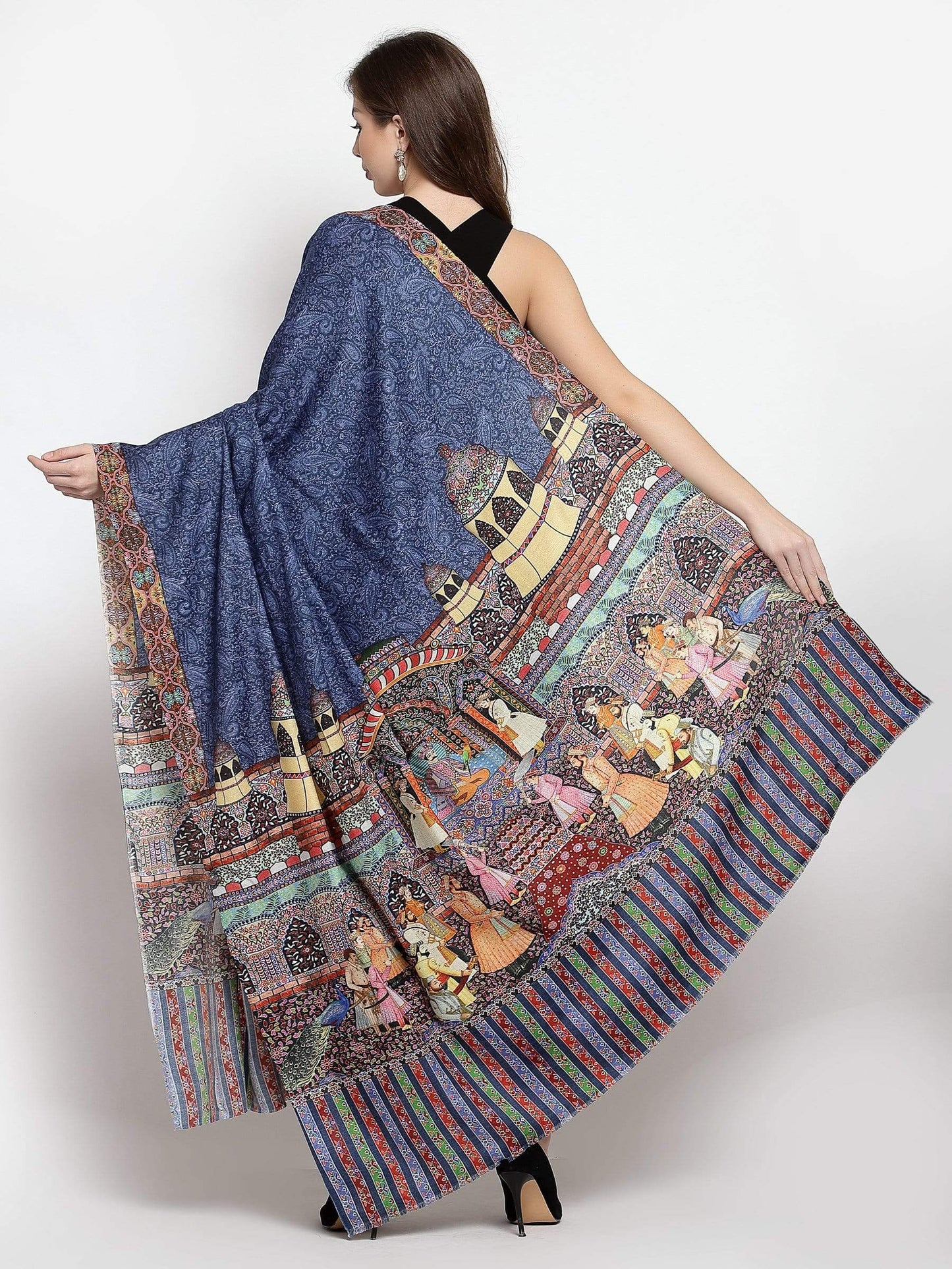Pashtush India 114x228 Pashtush Womens Mughal Darbar Printed Shawl, 100% Pure, Woolmark Certified, Lapis Blue