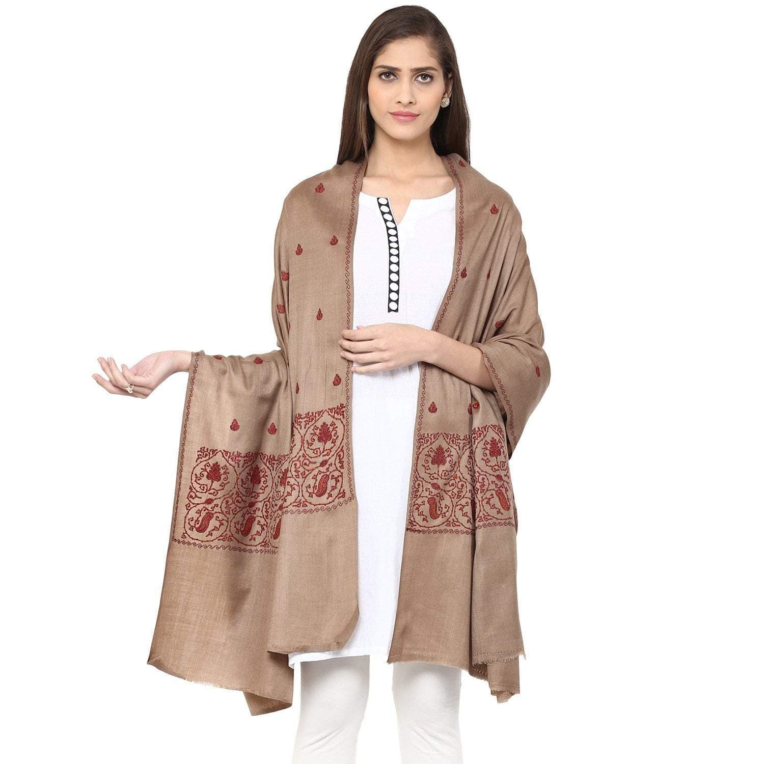 Pashtush India Shawl Pashtush Womens Palla Booti Embroidery Wool Shawl - Dark beige