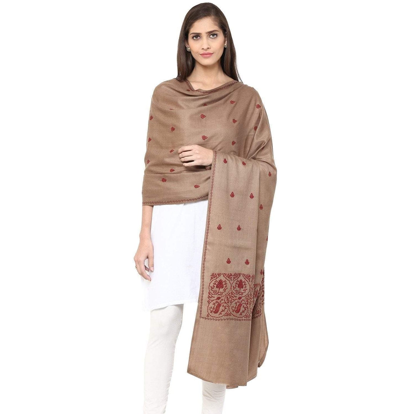 Pashtush India Shawl Pashtush Womens Palla Booti Embroidery Wool Shawl - Dark beige