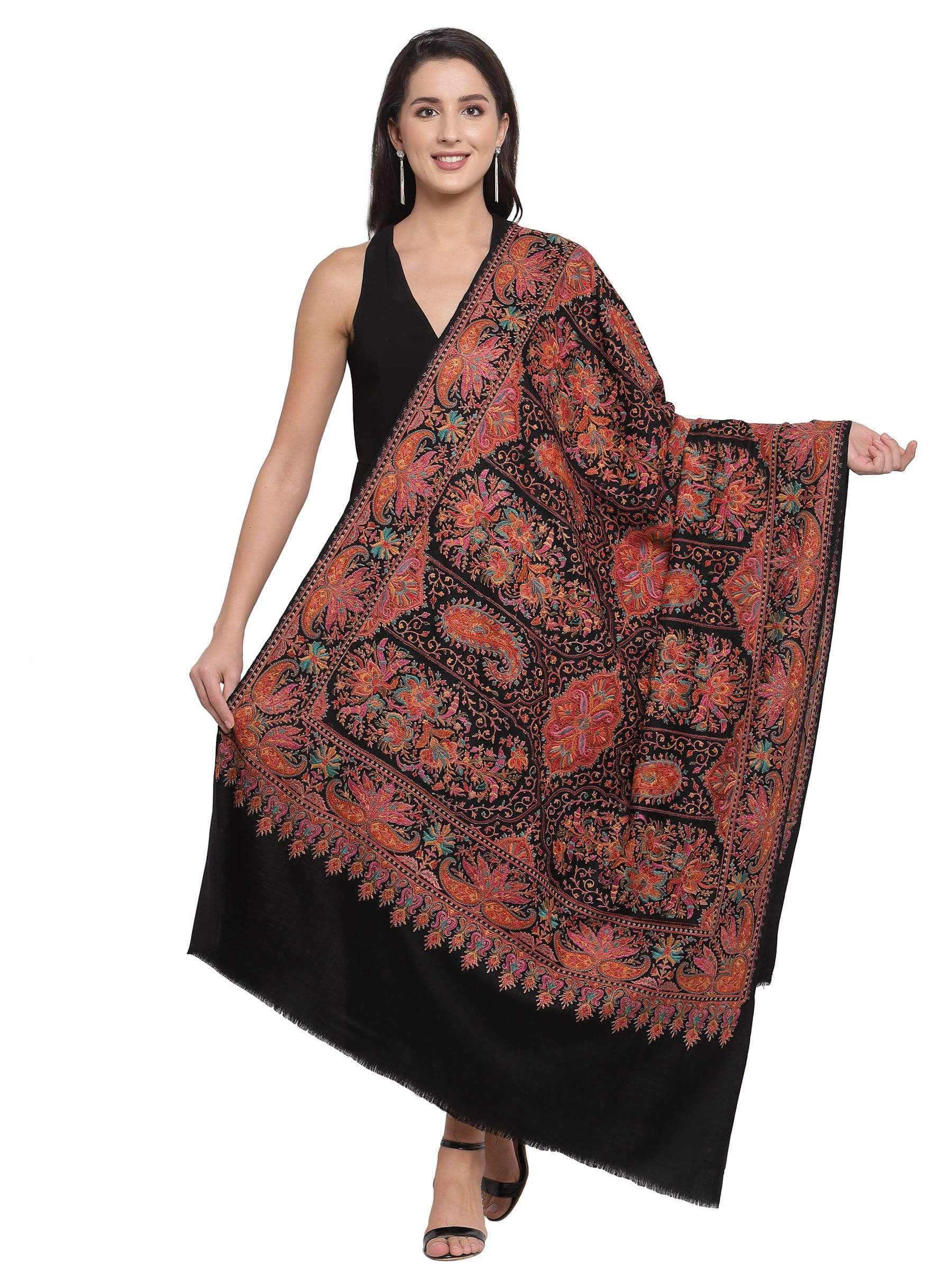Pashtush India 100x200 Pashtush Womens Papier-mâché Embroidered Shawl, Fine Wool with Silky Embroidery, Black