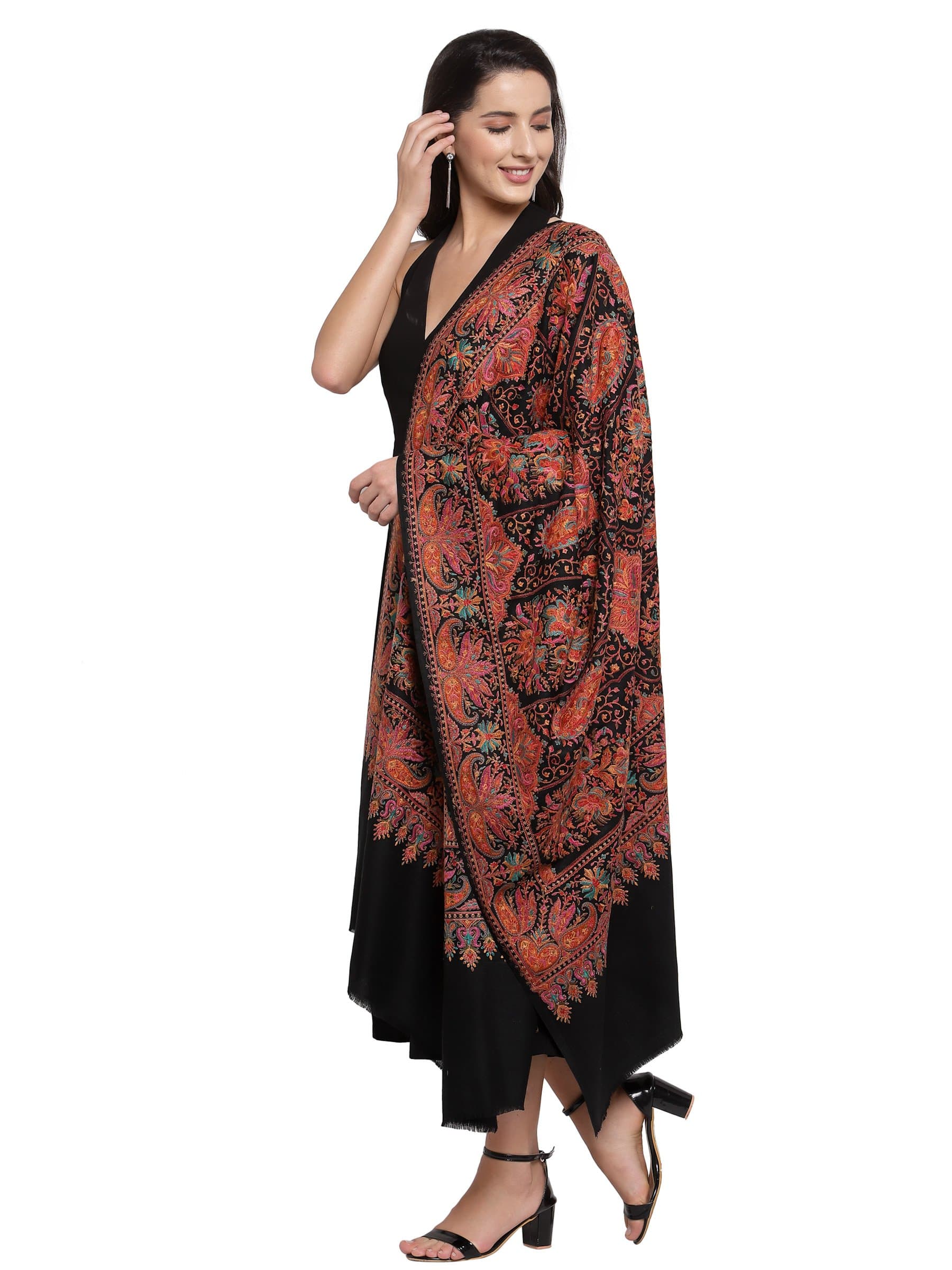 Pashtush India 100x200 Pashtush Womens Papier-mâché Embroidered Shawl, Fine Wool with Silky Embroidery, Black