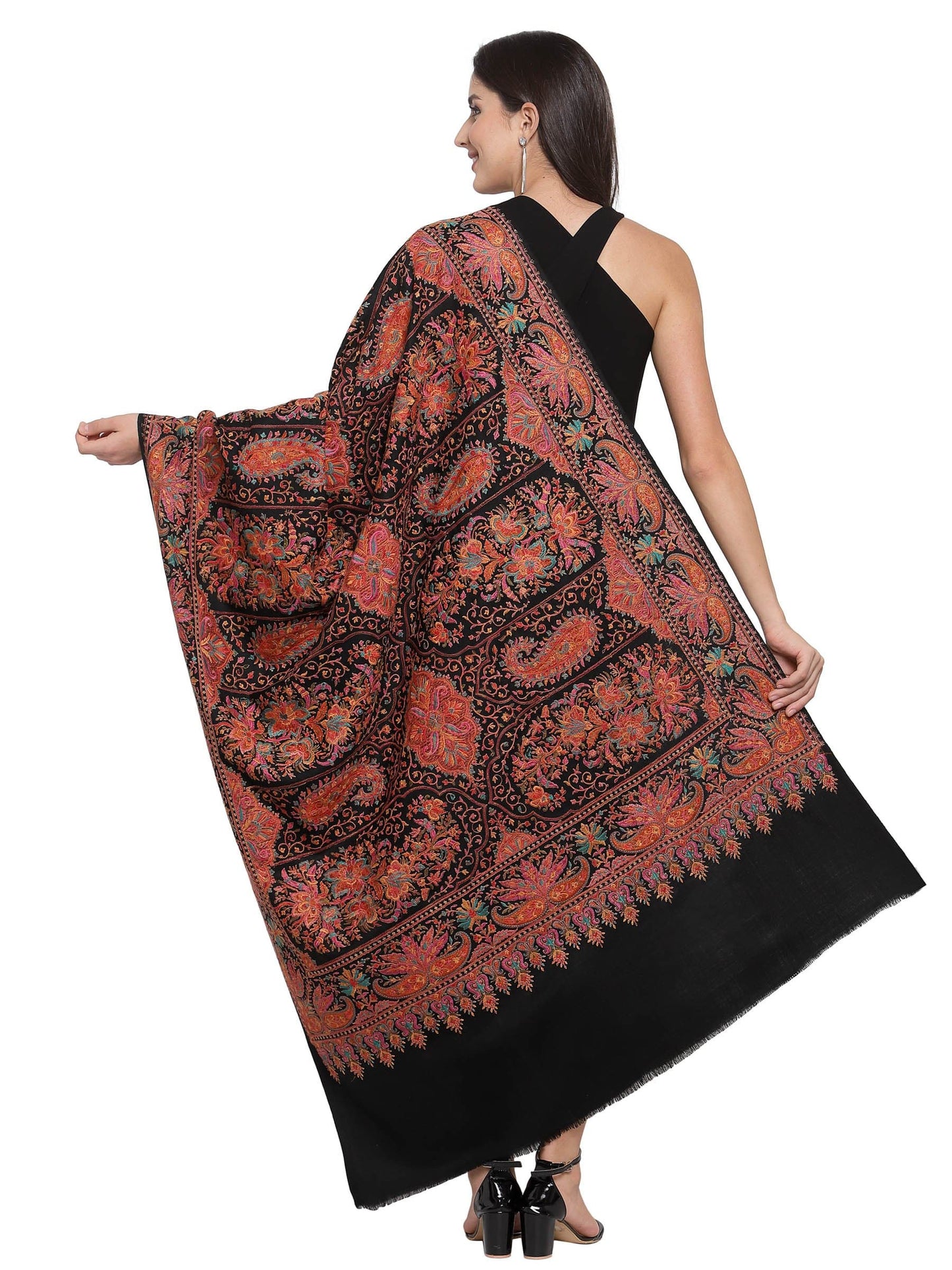 Pashtush India 100x200 Pashtush Womens Papier-mâché Embroidered Shawl, Fine Wool with Silky Embroidery, Black
