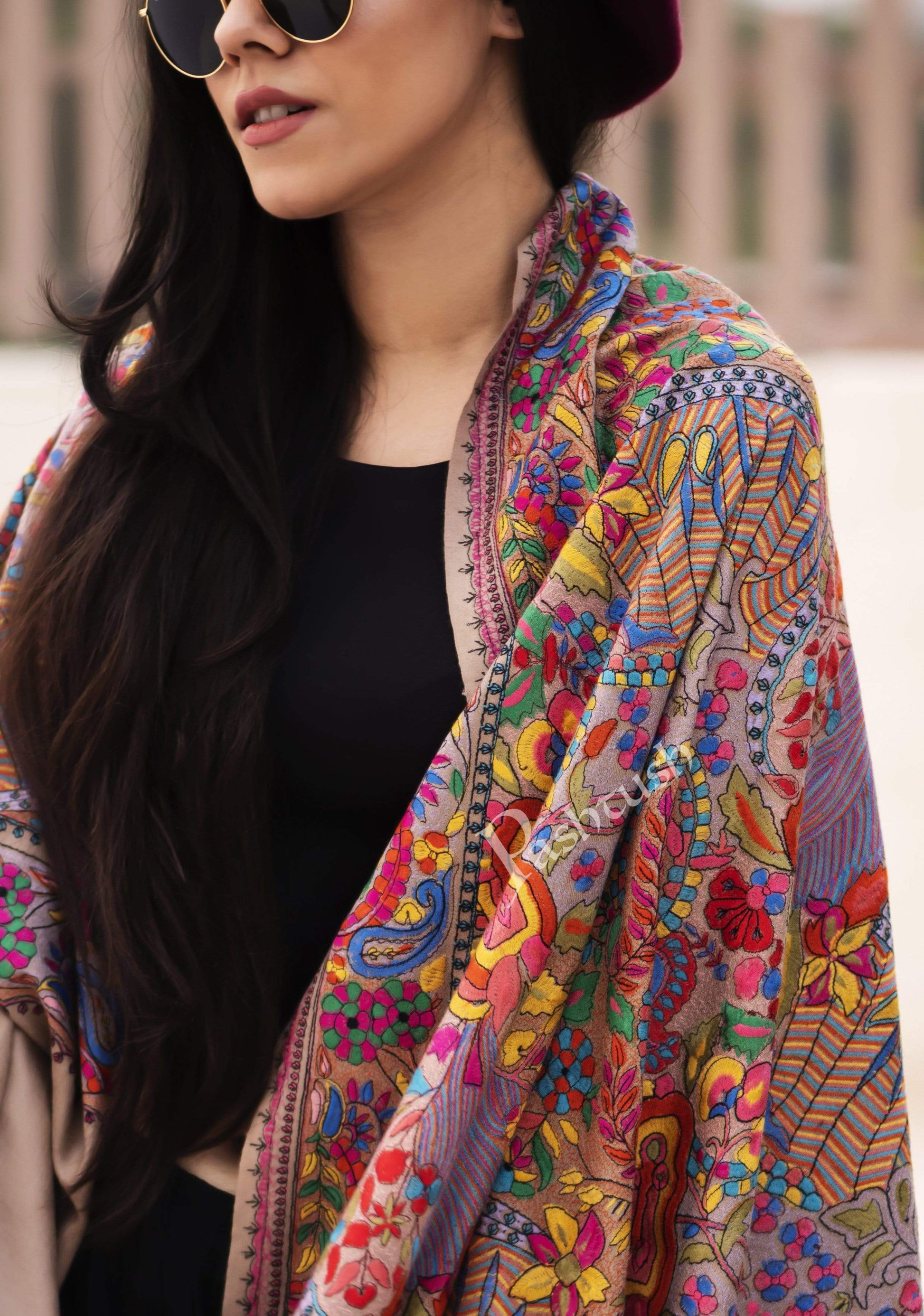 Pashtush India Shawl Pashtush Womens Papier Machè Embroidery Jaal Shawl - Multicoloured
