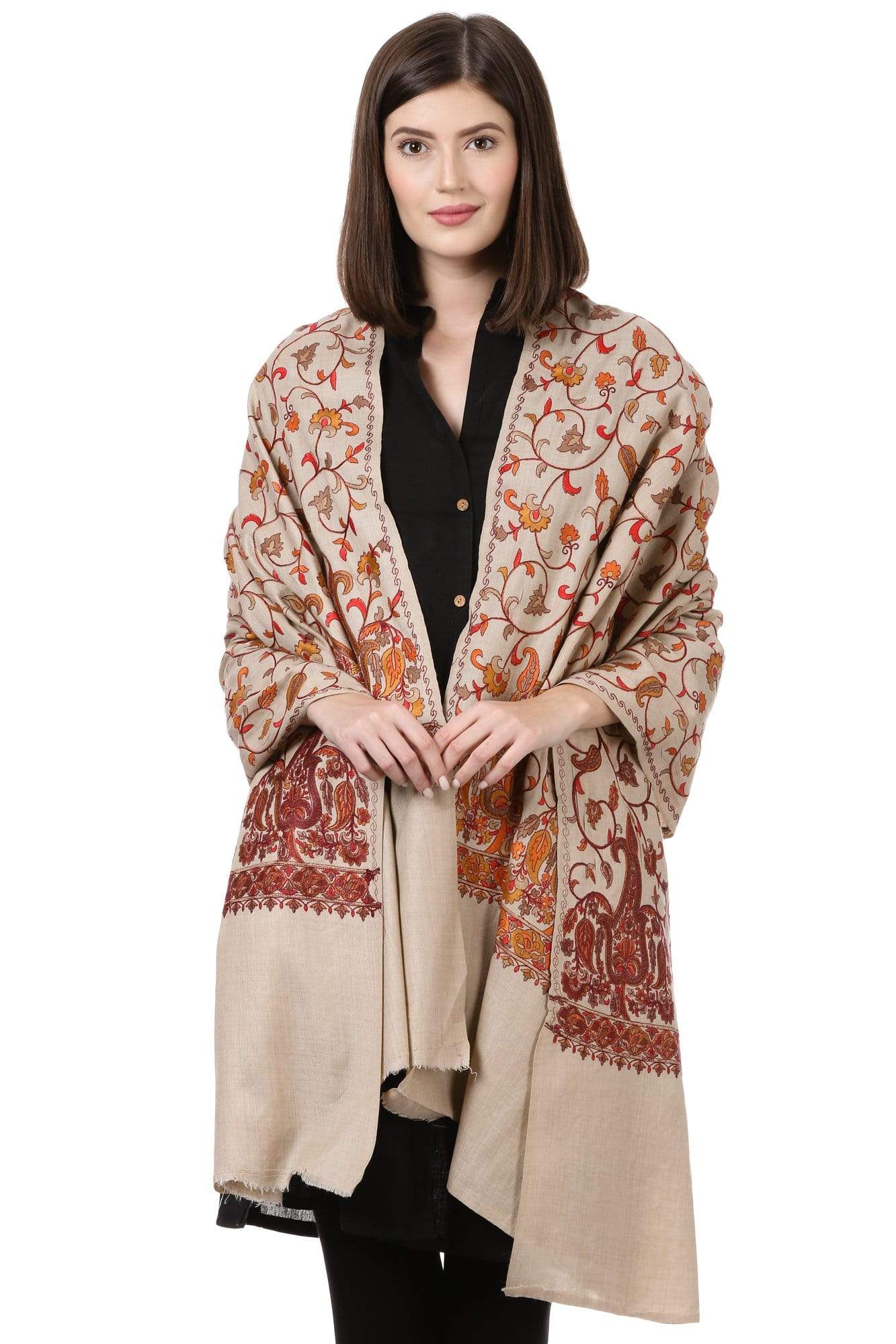 Pashtush India Shawl Pashtush Womens Papier Machè Embroidery Jaal Shawl - Sahara