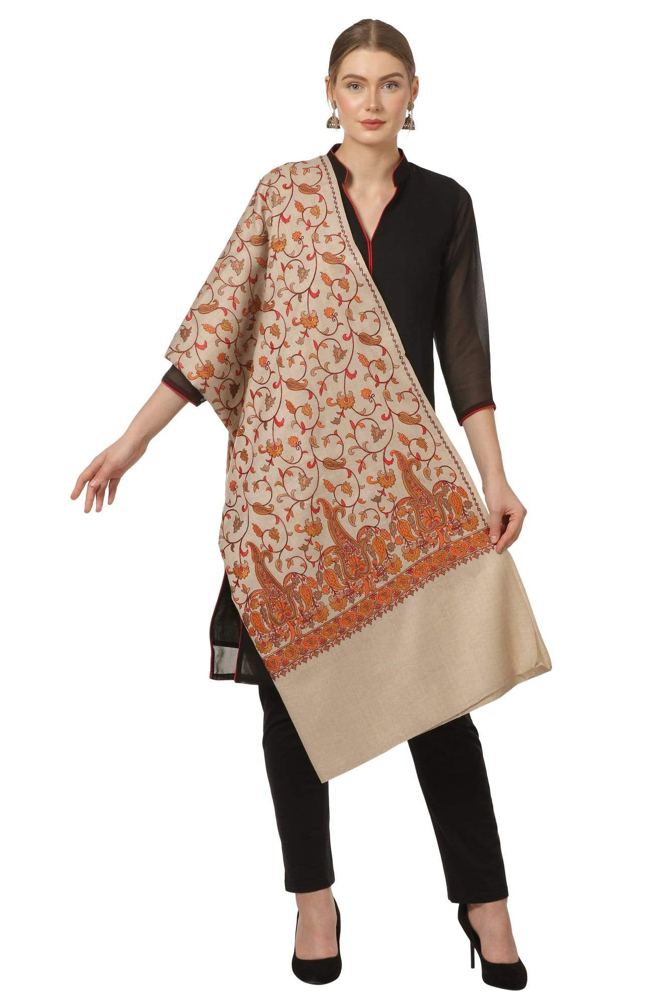 Pashtush India 100x200 Pashtush Womens Papier Machè Embroidery Jaal Shawl - Taupe