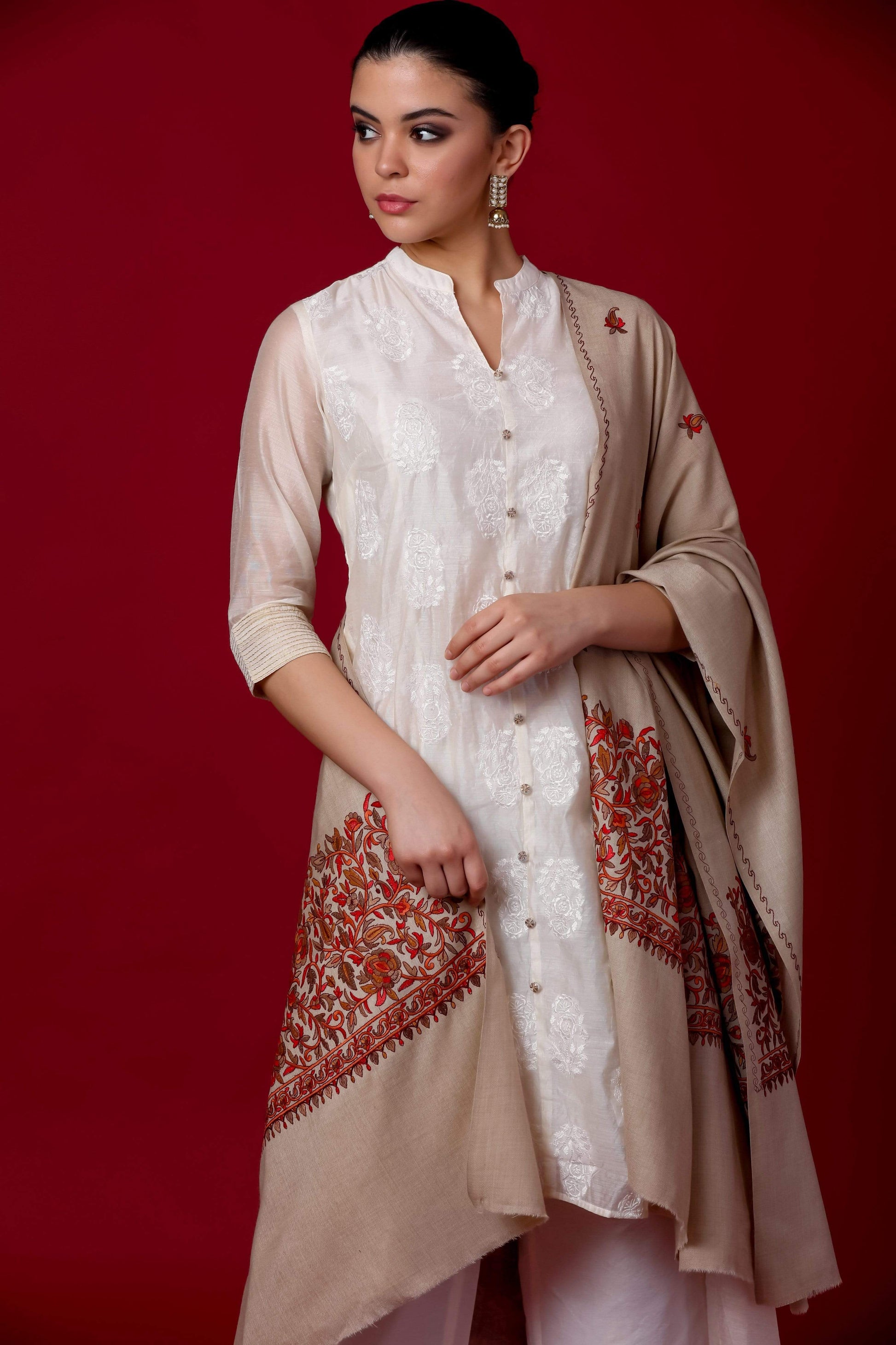 Pashtush India Shawl Pashtush Womens Papier Machè Embroidery Palla Shawl - Taupe