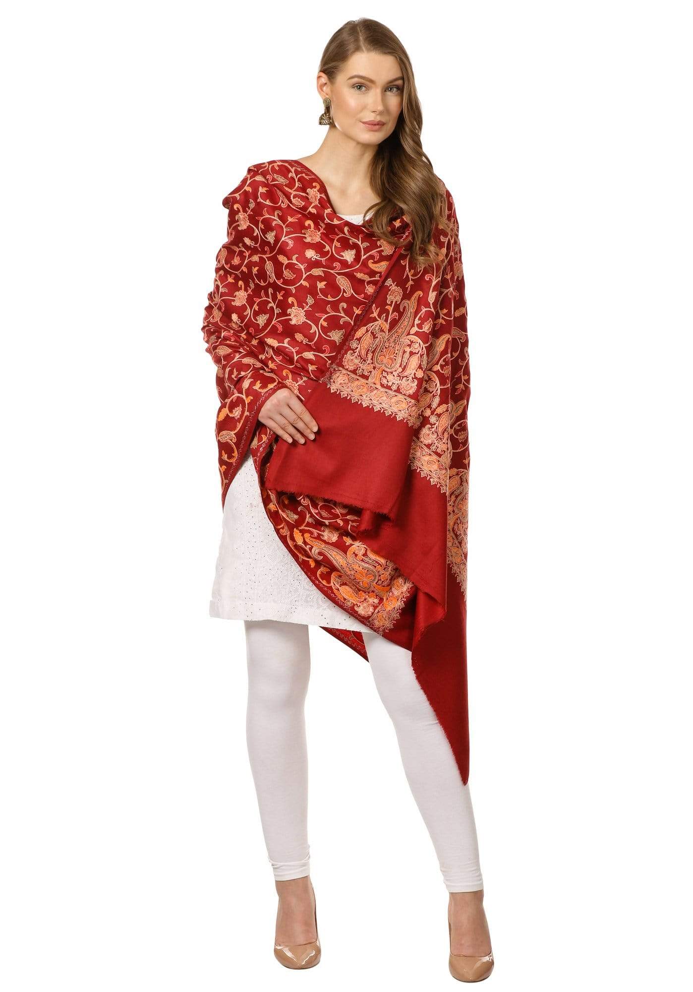 Pashtush Shawl Store Shawl Pashtush Womens Papier Mache Embroidery Shawl - Maroon