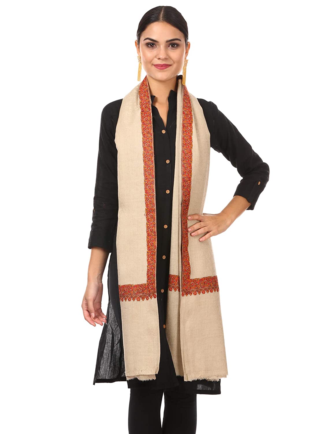 Pashtush Shawl Store Shawl Pashtush Womens Papier-mâché Kashmiri Embroidery with Intricate needlework (Taupe)