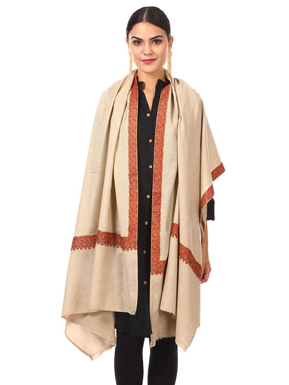 Pashtush Shawl Store Shawl Pashtush Womens Papier-mâché Kashmiri Embroidery with Intricate needlework (Taupe)