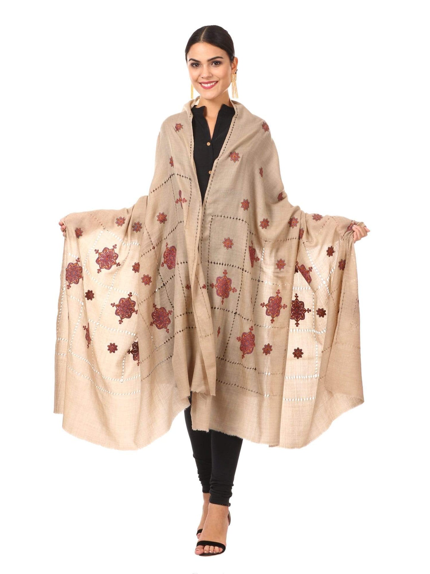 Pashtush Shawl Store Shawl Pashtush Womens Pashmina Shawl with Tarkashi Design, Sozni Embroidery with Hand Knotted Tarkashi Work. Hand-Made Shawls.