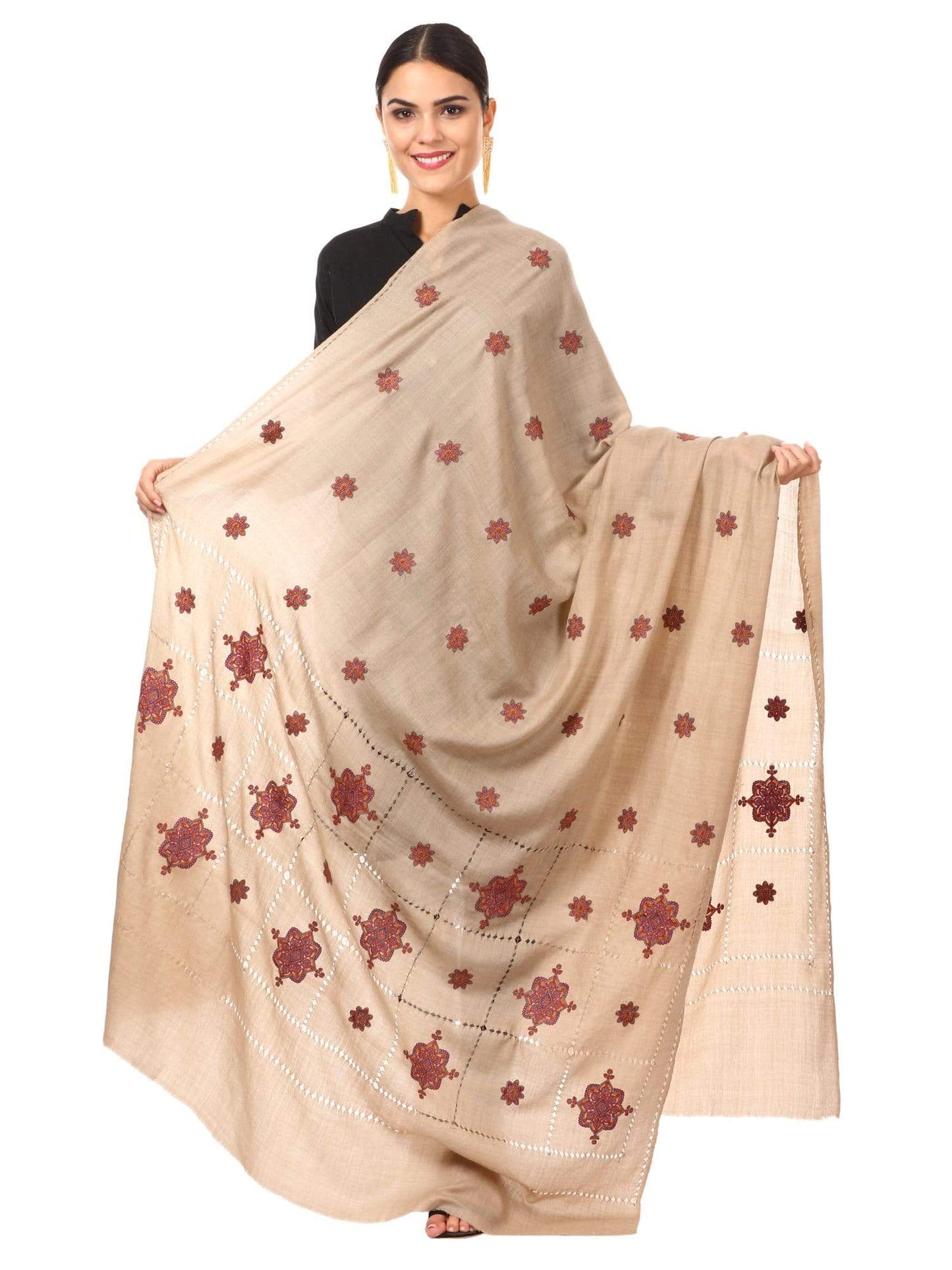 Pashtush Shawl Store Shawl Pashtush Womens Pashmina Shawl with Tarkashi Design, Sozni Embroidery with Hand Knotted Tarkashi Work. Hand-Made Shawls.
