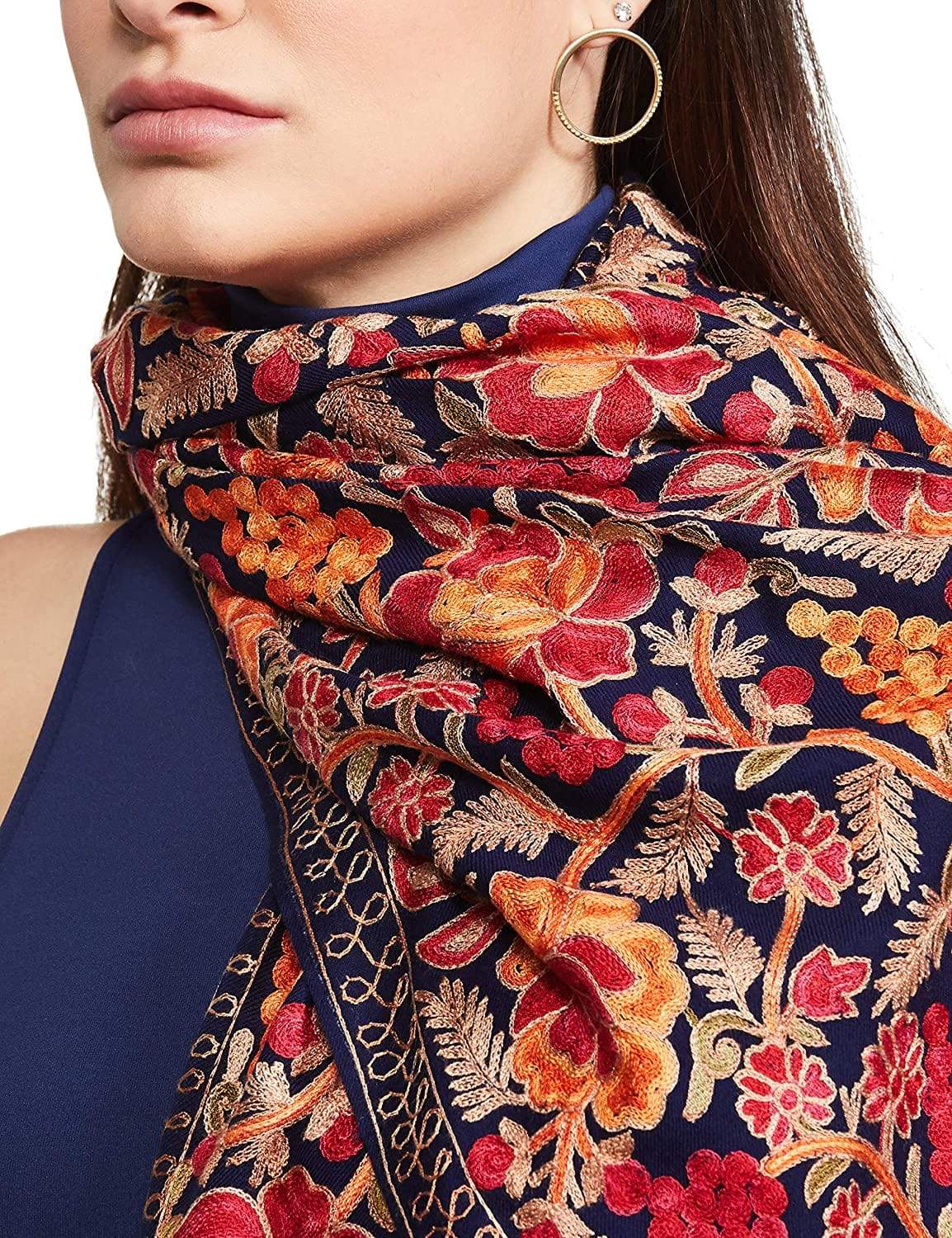 Pashtush India 70x200 Pashtush Womens Peruvian Roses Scarf, Embroidery Stole, Soft and Warm