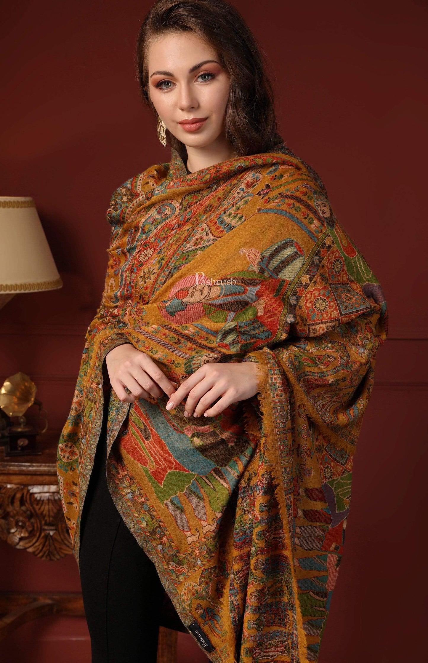 Pashtush India 100x200 Pashtush Womens Pure Wool Darbar Design Shawl, With Woolmark Certification
