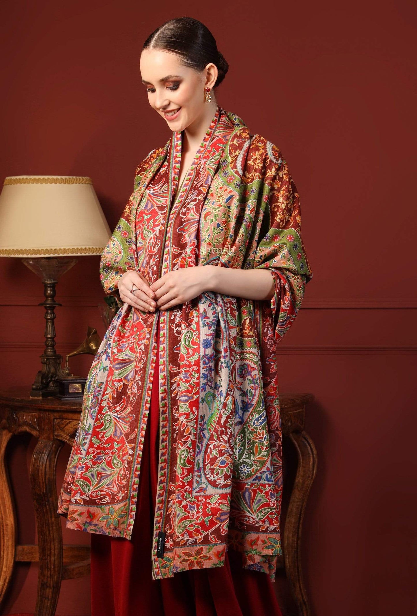 Pashtush India 100x200 Pashtush Womens Pure Wool, Hand Embroidered Kalamkari Shawl, With Woolmark Certificate