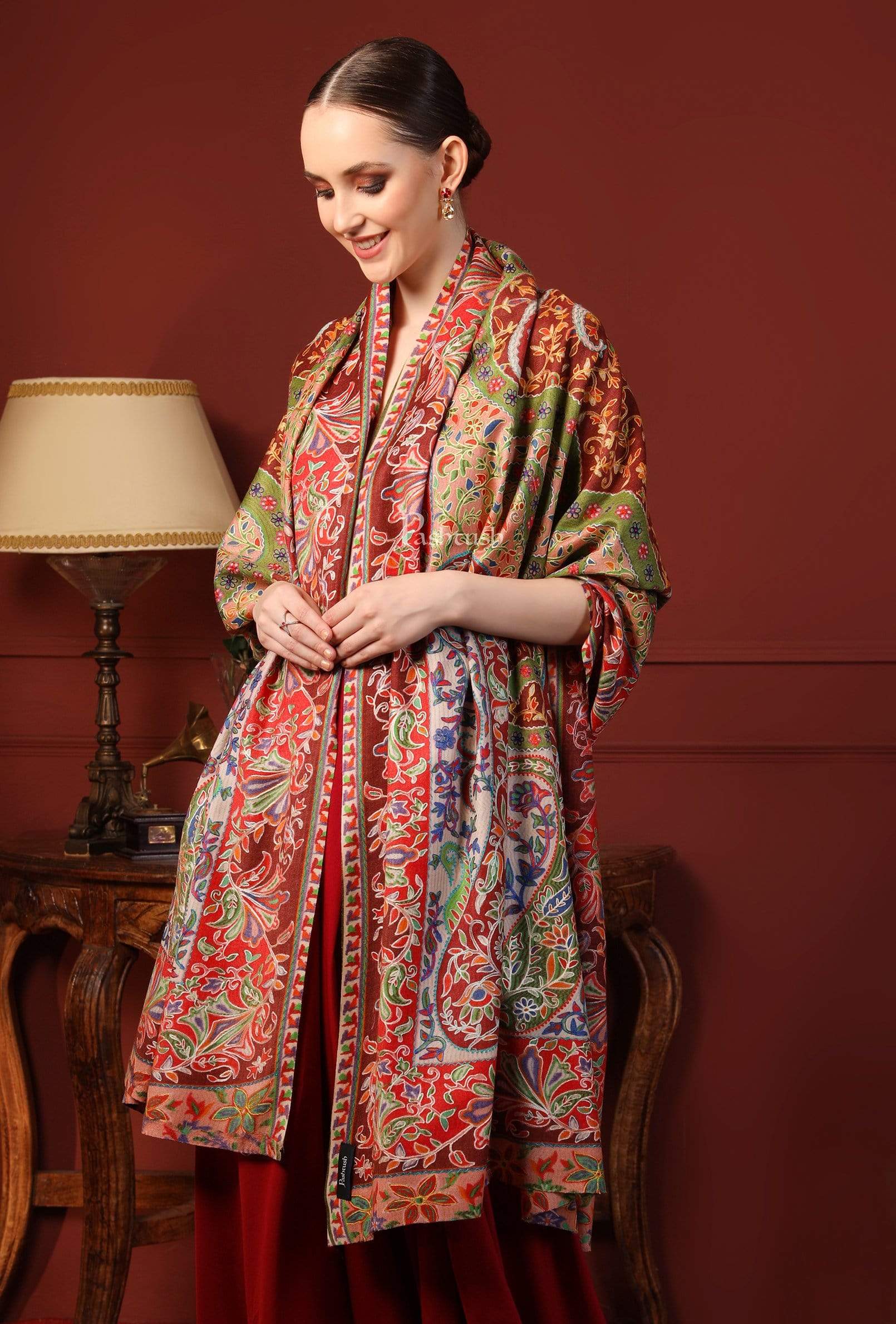 Pashtush India 100x200 Pashtush Womens Pure Wool, Hand Embroidered Kalamkari Shawl, With Woolmark Certificate