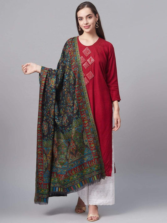 Pashtush India 100x200 Pashtush Women Black  Green Pure Wool Woven Design Kaani Shawl