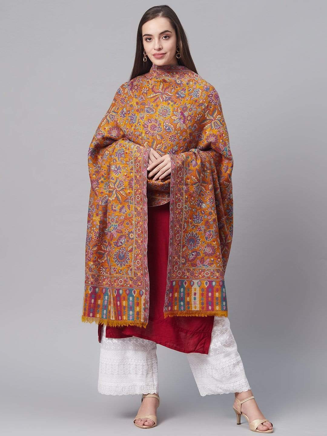 Pashtush India 100x200 Pashtush Womens Pure Wool Kaani Shawl, Reversible Weave, With Woolmark Certification, Mustard and Blue