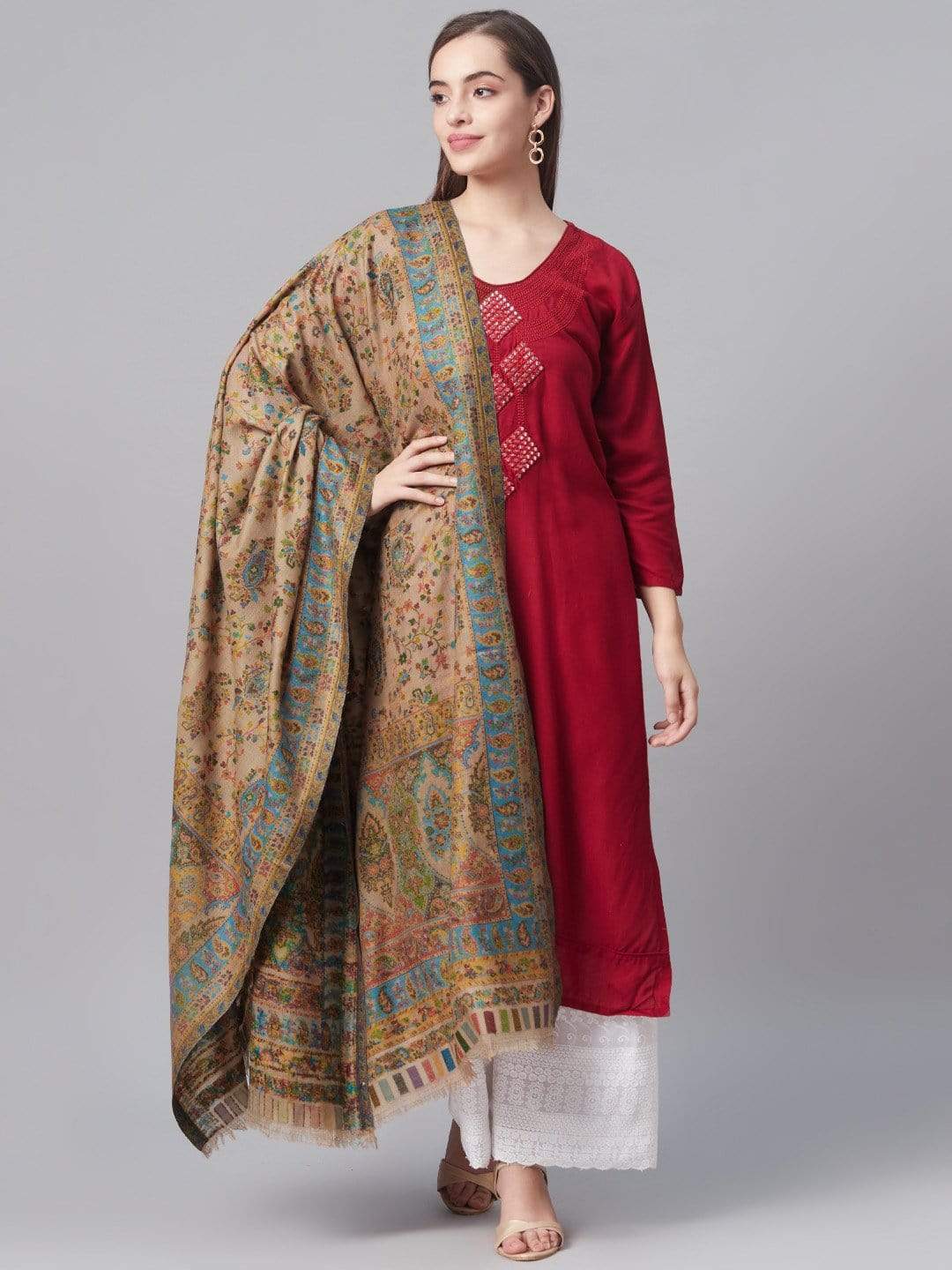 Pashtush India 100x200 Pashtush Womens Pure Wool Kaani Weave Shawl, With Woolmark Certificate, Natural Beige