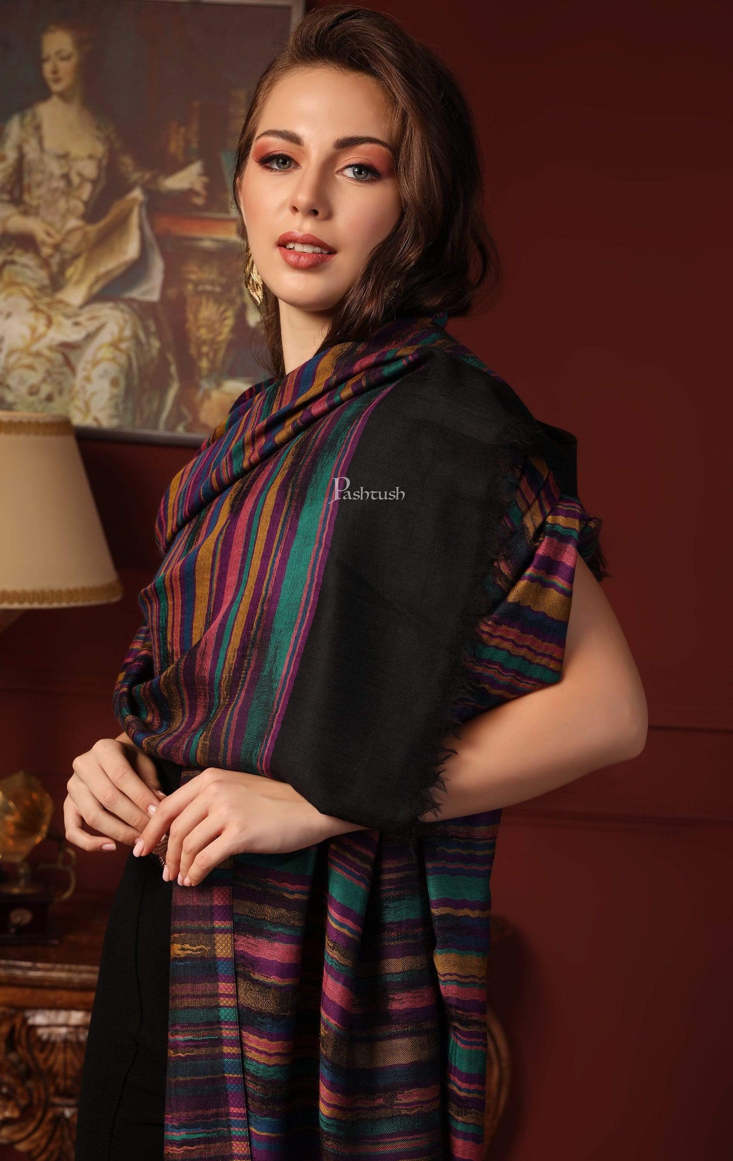 Pashtush India 100x200 Pashtush Womens Pure Wool Multicolour Striped Shawl, With Woolmark Certificate