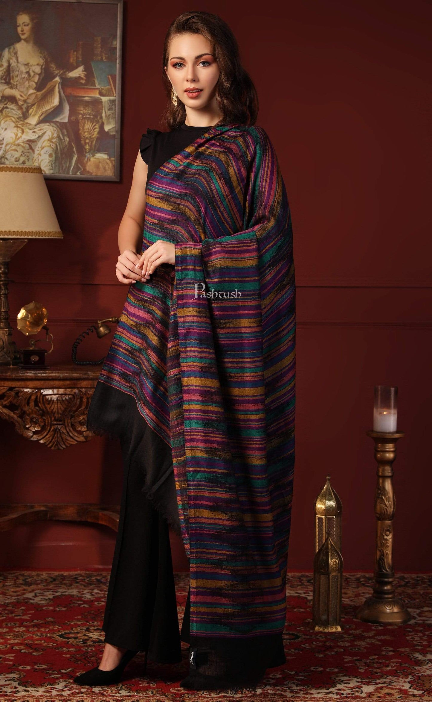 Pashtush India 100x200 Pashtush Womens Pure Wool Multicolour Striped Shawl, With Woolmark Certificate