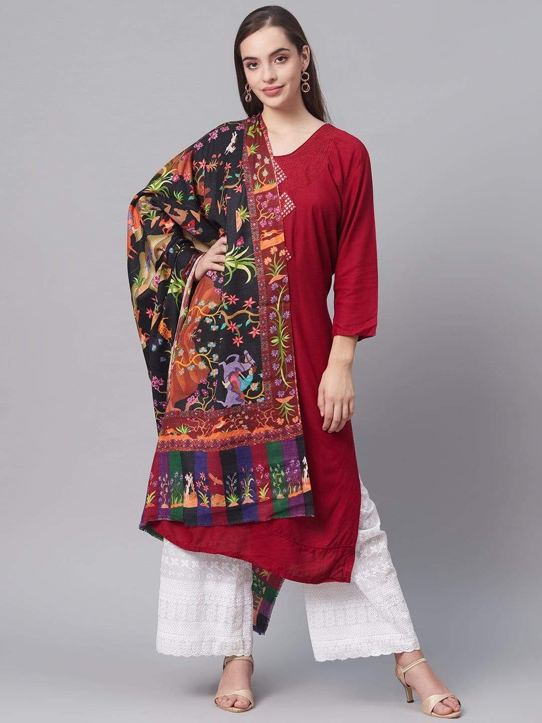 Pashtush India 100x200 Pashtush Womens Pure Wool Printed Shikaar-dar Shawl, With Woolmark Certificate