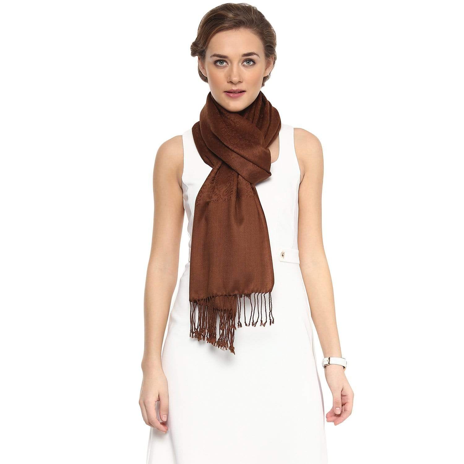 Pashtush India 70x200 Pashtush Womens Scarf, Stole Jacquard, paisley, Coffee