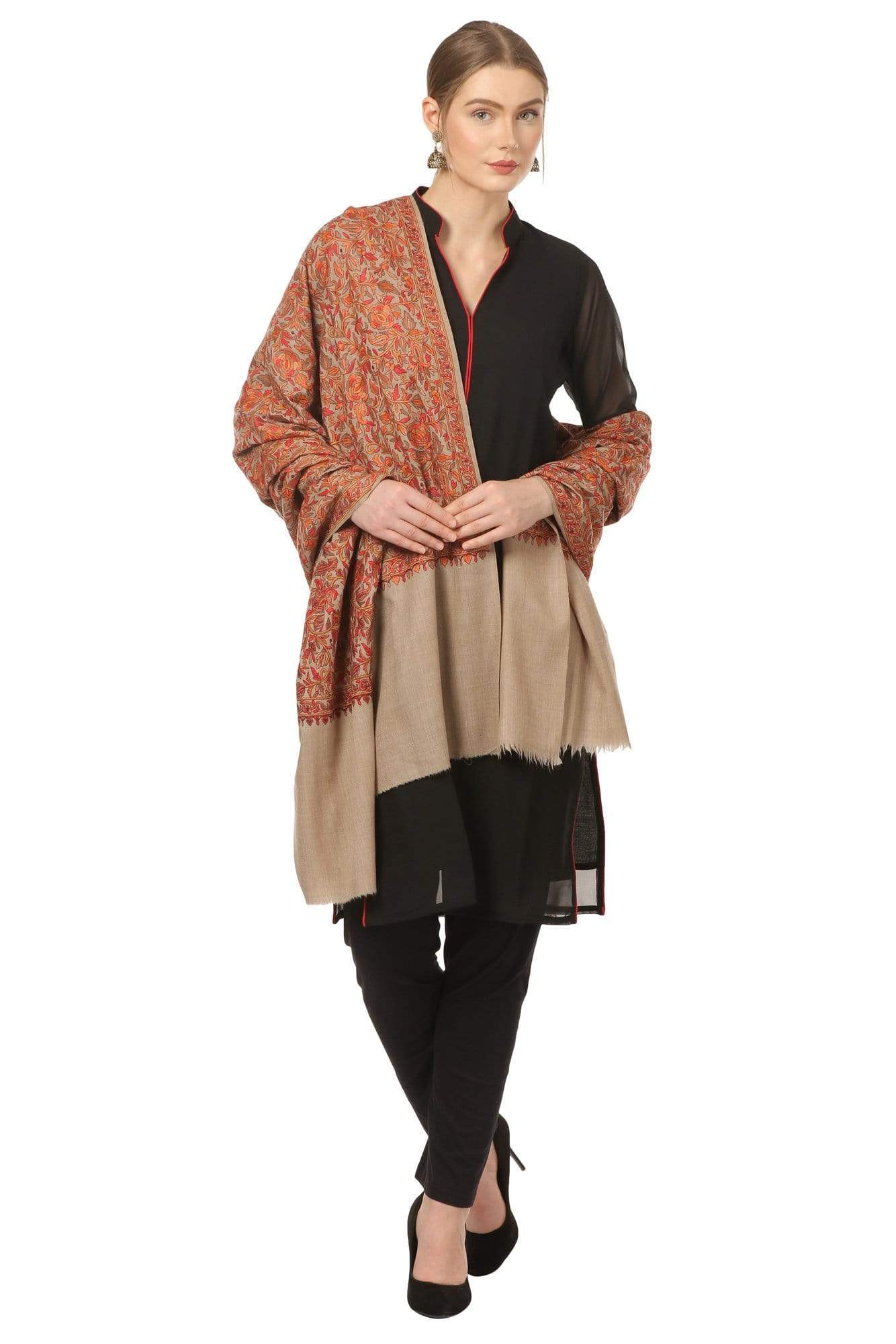Pashtush India 100x200 Pashtush Womens Shawl, Fine Wool Kashmiri Stitch Embroidery.