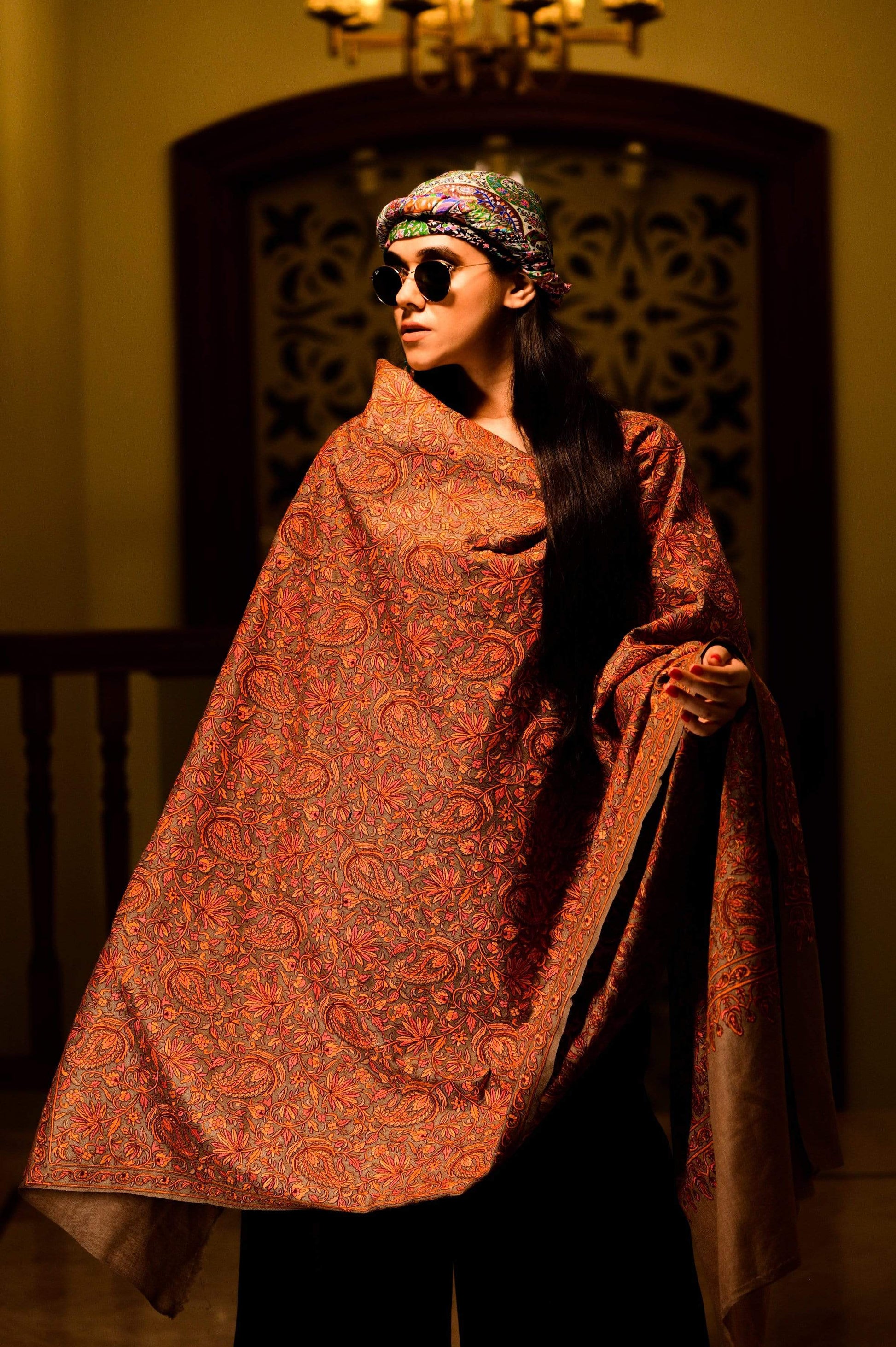 Pashtush India 100x200 Pashtush Womens Shawl, Fine Wool Kashmiri Stitch Embroidery, Taupe
