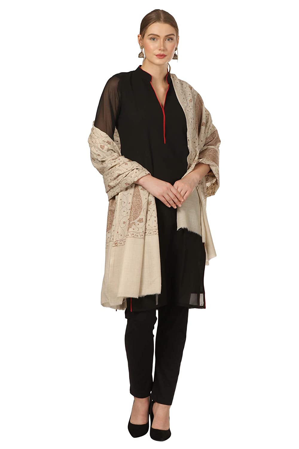 Pashtush Shawl Store Shawl Pashtush Womens Shawl with Tone on Tone Embroidery, Soft Warm, Light Weight Wool